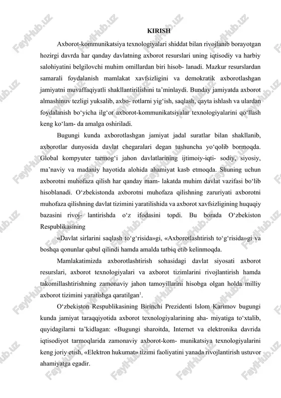 asosiy ilmiy-amaliy usul sifatida foydala- nish orqali milliy xavfsizlik masalalarini hal etish mumkin; – milliy xavfsizlik muammosi yaqqol ajralib turuvchi axborot tav- sifiga ega. axborot xavfsizligi tizimi davlatning axborot sohasidagi siyosatini mamlakatda milliy xavfsizlikni ta’minlash davlat siyosati bilan cham- barchas bog‘laydi. bunda axborot xavfsizligi tizimi davlat siyosatining asosiy tashkil etuvchilarini yaxlit bir butunlikka biriktiradi. bu esa axborot xavfsizligining roli va uning mamlakat milliy xavfsizligi tizimidagi mav- qeini belgilaydi. axborot sohasidagi o‘zbekistonning milliy manfaatlarini, ularga erishishining strategik yo‘nalishlarini va ularni amalga oshirish tizimlarini o‘zida aks ettiruvchi maqsadlar yaxlitligi davlat axborot siyo- satini anglatadi. shu bilan birga davlat axborot siyosati mamlakatning tashqi va ichki siyosatining asosiy tashkil etuvchisi hisoblanadi va jamiyat- ning barcha jabhalarini qamrab oladi. axborot xavfsizligining zamonaviy konsepsiyasi axborot xavfsizligini ta’minlovchi maqsadlar, vazifalar, tamoyillar va asosiy yo‘nalishlar bo‘yicha rasmiy nuqtai nazarlar majmuini bildiradi. quyida axborot xavfsizligining asosiy tashkil etuvchilari va jihatlari keltirilgan: – axborotni muhofaza qilish (shaxsiy ma’lumotlarni, davlat va …