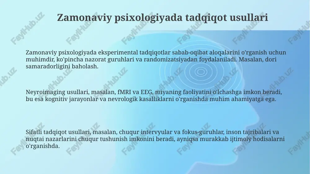 chida katta hajmdagi ma'lumotlarni olish imkonini beradi. biologik psixologiya usullari elektroensefalografiya (eeg) miya faoliyatini o'lchash uchun teriga joylashtirilgan elektrodlardan foydalanadi, vaqt o'zgarishlarini aniqlaydi, lekin fazoviy aniqligi past bo'lganligi uchun chuqur tuzilmalarni aniqlash qiyin. magnit-rezonans tomografiya (mrt) kuchli magnitlar va radio to'lqinlaridan foydalanib, miyaning yuqori aniqlikdagi 3d tasvirlarini yaratadi, bu tuzilmaviy anormalliklarni aniqlash va miya hajmini o'lchash uchun muhim. genetik tadqiqotlar, masalan, egizaklarni o'rganish, xulq-atvorning irsiyatini aniqlashga yordam beradi. misol uchun, monozigot egizaklar dizigotle egizaklarga qaraganda yuqori xulq-atvor o'xshashligini ko'rsatishi mumkin. kognitiv psixologiya usullari ko'z harakatini kuzatish, ishtirokchilar vizual stimullarni qayta ishlashini aniqlash uchun foydalidir. masalan, 25 ishtirokchining ko'z harakatlari xaritasini yaratish mumkin. reaksiya vaqtini o'lchash vazifalari kognitiv jarayonlar, masalan, qaror qabul qilish va xotirani qayta tiklash tezligini aniqlashga yordam beradi. odatda millisekundlarda o'lchanadi. verbal protokollar, ishtirokchilardan muammoni hal qilish yoki vazifani bajarish vaqtida o'ylash jarayonlarini baland ovozda aytishlarini so'rashni o'z ichiga oladi. klinik psixologiya tadqiqotlari klinik psixologiya tadqiqotlari ko'pincha dsm-5 …
