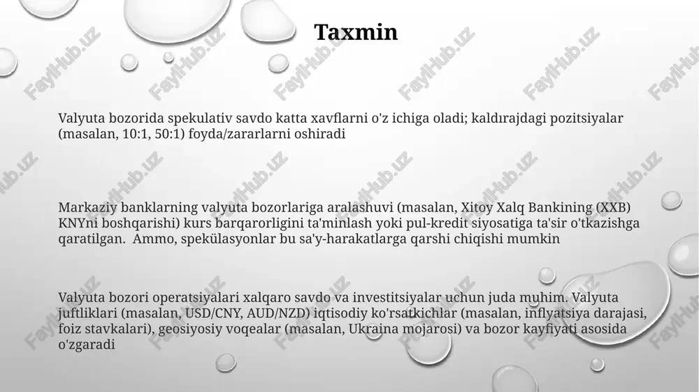 larini o'z ichiga oladi, narxlar foiz stavkalari farqi (masalan, libor, euribor), inflyatsiya kutilmalari va geosiyosiy voqealar (masalan, aqsh-xitoy savdo munosabatlari, brexit) ta'sirida bo'ladi. asosiy savdo markazlari london, nyu-york va tokio hisoblanadi. valyuta bitimlaridagi xavflarga qarshi tomon xavfi (masalan, herstatt xavfi), likvidlik xavfi va operatsion xavflar (masalan, to'lov ko'rsatmalaridagi xatolar, sanktsiyalarni bajarish) kiradi to'lov jarayonlari swift mt xabarlarini (masalan, mt103, mt202), cls bankning to'rlash tizimini va korrespondent bank munosabatlarini o'z ichiga oladi, bu butun dunyo bo'ylab kunlik 6 trillion dollardan ortiq valyuta operatsiyalariga ta'sir qiladi arbitraj valyuta bozoridagi narx farqlaridan foydalanish (masalan, nyu-yorkda 1.08 dollarga eur/usd sotib olib, tokioda 128.50 yenga sotish orqali, valyuta kurslari va operatsiya xarajatlarini hisobga olgan holda foyda olish) banklararo bozor valyuta almashinuvi (fx) swaplari, forvard va fyuchers kontraktlari kunlikdan yillarchagacha bo'lgan muddatlar bilan savdo qilinadi, bu global foiz stavkalari va valyuta kurslariga ta'sir qiladi. markaziy banklar rezervlarni sotib olish/sotish orqali usd/eur, gbp/usd va boshqa asosiy valyuta …
