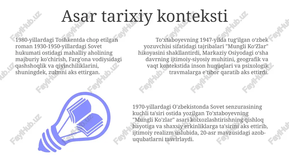 ramonning sayohati aniq geografik belgilarsiz, noma'lum o'zbek qishloqlari bilan chegaralangan bo'lsa-da, uning ichki olami – yolg'izlik, sog'inch va sevgi iztirobi – har qanday jismoniy joy kabi muhim ahamiyat kasb etadi adabiy vositalar va usullar roman, voqealarga nisbatan oldindan belgilarni mohirlik bilan qo'llab, qahramonlar kutgan fojialar va adolatsizliklarga ishora qiladi (masalan, muhim voqeadan oldin bo'ronning dahshatli tasviri). muallif, rasmiy taraqqiyot ritorikasini o'zbekistondagi oddiy odamlarning qiyin hayoti bilan qarama-qarshi qo'yib, iste'dod bilan kinoyani qo'llaydi toʻxtaboyevning "mungli koʻzlar"ida, ayniqsa, 1930-1950 yillardagi fargʻona vodiysidagi sovet zulmi ostida oʻzbek xalqining azob-uqubatlarini ifodalovchi "mungli koʻzlar" motivi orqali keng simbolistikadan foydalaniladi qayta takrorlanuvchi iboralar va tasvirlar qashshoqlik va yoʻqotishning qochib boʻlmasligini ta'kidlaydi. metafora (inson azobini yerning bepushtligiga taqqoslash) hikoyaning emotsional ta'sirini kuchaytiradi. toʻxtaboyev qarama-qarshi qahramonlardan mohirona foydalanib, qishloq oʻzbek jamiyatlarida zulmga turli munosabatlarni koʻrsatadi "mungli koʻzlar"dagi mavzu va motivlar 1930-yillardagi stalin davridagi kolxozlashtirishning o'zbekistondagi og'ir hayoti bilan chambarchas bog'langan yo'qotish va azob-uqubatlar mavzusi. munglining qishlog'idagi va kengroq …