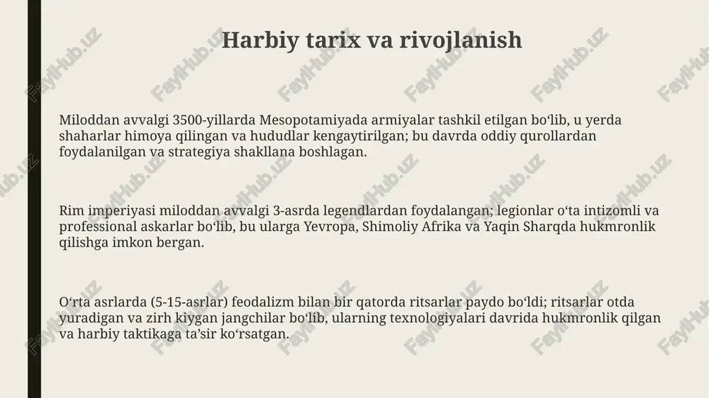 kabi harbiy qo'llanmalarda qo'llaniladi, bu esa qaror qabul qilish tezligini oshiradi. global xavfsizlik, xizmat burchlari va tayyorgarlik global xavfsizlik ko'pincha xalqaro tashkilotlar, masalan, birlashgan millatlar tashkiloti tomonidan diplomatik harakatlar, tinchlikparvarlik operatsiyalari va iqtisodiy sanktsiyalar orqali ta'minlanadi. xizmat burchlari harbiy xizmatchilarni o'z vaqtida bo'lish, amrlarga bo'ysunish va ularga topshirilgan texnikani to'g'ri boshqarish kabi vazifalarni bajarishni talab qiladi. harbiy tayyorgarlikda harbiy xizmatchilar jismoniy chidamlilikni oshirish, otish malakalarini yaxshilash va jangovar harakatlarda muvaffaqiyat qozonish uchun yashirin harakatlarni o'rganadilar. e'tiboringiz uchun rahmat