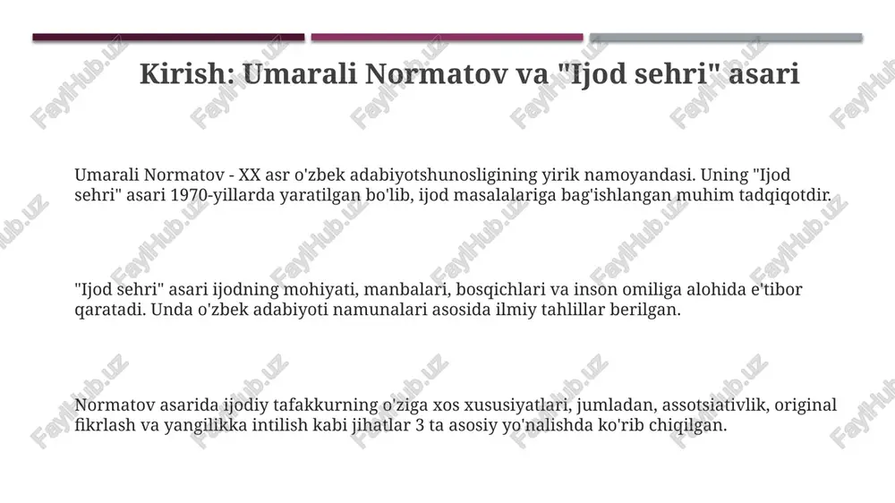 b, 7 bosqichli ijodiy jarayon ko'rsatiladi. umarali normatovning asarida usmon nosir ijodidan olingan 3 ta she'riy misol orqali, shoirning o'ziga xos uslubi va poetik mahorati chuqur tahlil etiladi. normatov ijodiy merosining ahamiyati uning asarlari ijodkor shaxsini tahlil qilishda 10 dan ortiq psixologik aspektlarni ochib berib, ijodiy jarayonning murakkabligini ko'rsatadi. normatovning ijodiy merosi o'zbek adabiyotida 20-asrning ikkinchi yarmidan boshlab yangi estetik qarashlarni shakllantirishda muhim rol o'ynadi. normatovning merosi zamonaviy ijodkorlarga 30 dan ortiq yangi g'oyalar va texnikalar berib, ularning ijodiy qobiliyatlarini rivojlantirishga yordam beradi. asarning zamonaviy ijodkorlikka ta'siri asar ijodkorlarga o'ziga xos motivatsiya beradi, ularni 21-asr muammolarini hal qilish uchun yangi, innovatsion yondashuvlarni izlashga undaydi va ijodiy qobiliyatlarini rivojlantirishga yordam beradi. normatov asari zamonaviy ijodkorlarni o'zbek madaniyati va an'analaridan ilhomlanishga chorlaydi, shu bilan birga, global tendensiyalarni hisobga olgan holda, milliy o'ziga xoslikni saqlab qolish muhimligini ta'kidlaydi. asarda keltirilgan ijodiy jarayon bosqichlari (masalan, ilhomlanish, g'oya yaratish, amalga oshirish) zamonaviy ijodkorlarga 360 gradusli …