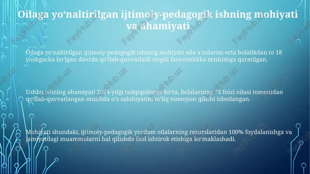 kamaytirish va bolaning umumiy rivojlanishini qoʻllab-quvvatlashda muhim ahamiyatga ega. oilaga psixologik yordam koʻrsatish, ilgʻor tajriba va dasturlarni baholash oilaga psixologik yordam 3 bosqichda amalga oshiriladi: diagnostika (muammolarni aniqlash), aralashuv (psixologik texnikalar) va baholash (natijalarni oʻlchash), har bir bosqich uchun aniq maqsadlar belgilanadi. ilgʻor tajriba shuni koʻrsatadiki, oilaviy konsultatsiya 75% hollarda nizolarni kamaytiradi. dasturlarni baholashda roi (investitsiyalarning qaytarilishi) kabi metrikalardan foydalanish samaradorlikni aniqlashga yordam beradi. oila bilan ishlash dasturlarini baholashda, masalan, 'strengthening families' dasturi, oilaning barqarorligi koʻrsatkichlari 20% ga oshganligi aniqlangan. bu dasturda 5 ta asosiy komponent mavjud. e'tiboringiz uchun rahmat @taqdimot_robot image1.png image2.png