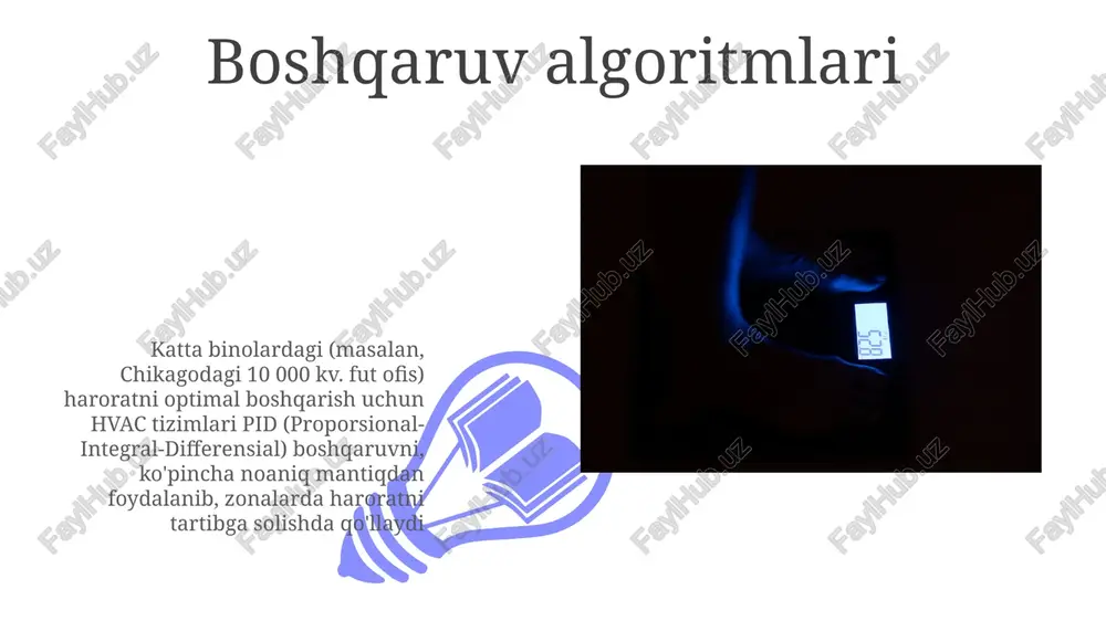 y yoki tijorat) bo'ylab sensorlar (harorat, namlik, co2 darajasi)ni birlashtiruvchi bino avtomatlashtirish tizimlari (bas) energiya modellashtirish dasturlari (masalan, energyplus) turli iqlim zonalarida (mayami, florida; denver, kolorado) turli binolar (kasalxonalar, maktablar, sanoat korxonalari) uchun turli hvac boshqaruv strategiyasini simulyatsiya qiladi sensor texnologiyalari 01 02 aqlli hvac tizimlari bulut platformalari orqali masofadan kuzatish va boshqarish uchun iot (narsalar interneti) sensorlaridan foydalanadi, binoning ishlashi va energiya sarfini real vaqtda aks ettiradi sales 1st qtr 2nd qtr 100 0 sales 1st qtr 2nd qtr 100 0 e'tiboringiz uchun rahmat @taqdimot_robot image4.jpg image5.jpg image6.jpg image7.jpg image8.jpg image9.jpg image10.jpg image11.jpg image12.jpg image13.jpg image14.jpg image15.jpg image1.jpeg image2.jpeg image3.jpeg