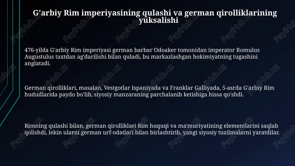 abi hashamatli mahsulotlar bilan chegaralanib, lokal bozorlarda kundalik ehtiyojlar qondirilgan. migratsiya buyuk koʻchish davri oxirida ham davom etdi, slavyanlar sharqiy yevropaga koʻchib oʻtishdi va vikinlar 8-11-asrlarda yevropa boʻylab savdo yoʻllarini ochishdi. feodalizmning rivojlanishi bilan agrar iqtisodiyot kuchaydi, dehqonlar hosilning bir qismini lordlarga berishdi va savdo qishloq xoʻjaligi mahsulotlari bilan bogʻliq boʻldi. e'tiboringiz uchun rahmat image1.png
