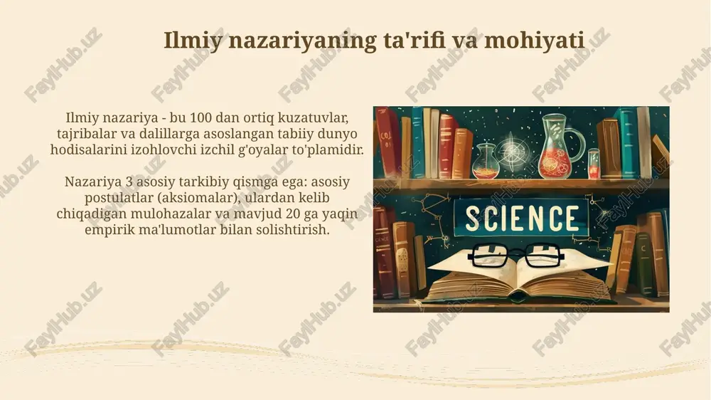 ng egriligi sifatida tasvirlaydi. bu nazariya atom bombasini yaratishga turtki bo'lgan. biologiyada evolyutsiya nazariyasi turlarning vaqt o'tishi bilan o'zgarishini, tabiiy tanlanish orqali moslashuv jarayonini va umumiy ajdoddan kelib chiqishni tushuntiradi, genetik o'zgarishlar tufayli. ilmiy nazariyalarga tanqidiy yondashuv ilmiy nazariyalarni tanqidiy baholashda falsafiy qarashlar muhim rol o'ynaydi, xususan karl popperning falsifiylik mezonini e'tiborga olish, nazariyaning 0 qiymatga ega bo'lish xavfini kamaytiradi. metodologik muammolar, jumladan kuzatuvchining ta'siri (masalan, kvant mexanikasida) ilmiy nazariyalarning tanqidiy tahlilida muhim ahamiyatga ega, sababi bu 20% gacha o'zgarishga olib kelishi mumkin. ilmiy nazariyaning kelajagi va istiqbollari kelajakda fan 2.0 nazariyalari paydo bo'lishi mumkin, ular katta ma'lumotlar va sun'iy intellekt yordamida murakkab tizimlarni tushuntiradi, 95% qorong'u materiyani o'rganishga yordam beradi. kvant hisoblash fan uchun yangi imkoniyatlar yaratadi, masalan, yangi materiallar dizayni va molekulyar modellashtirish, bu esa 10 barobar tezroq va aniqroq bo'lishi mumkin. e'tiboringiz uchun rahmat image2.jpg image3.jpg image4.jpg image5.jpg image6.jpg image7.jpg image8.jpg image9.jpg image10.jpg image11.jpg image12.jpg image13.jpg