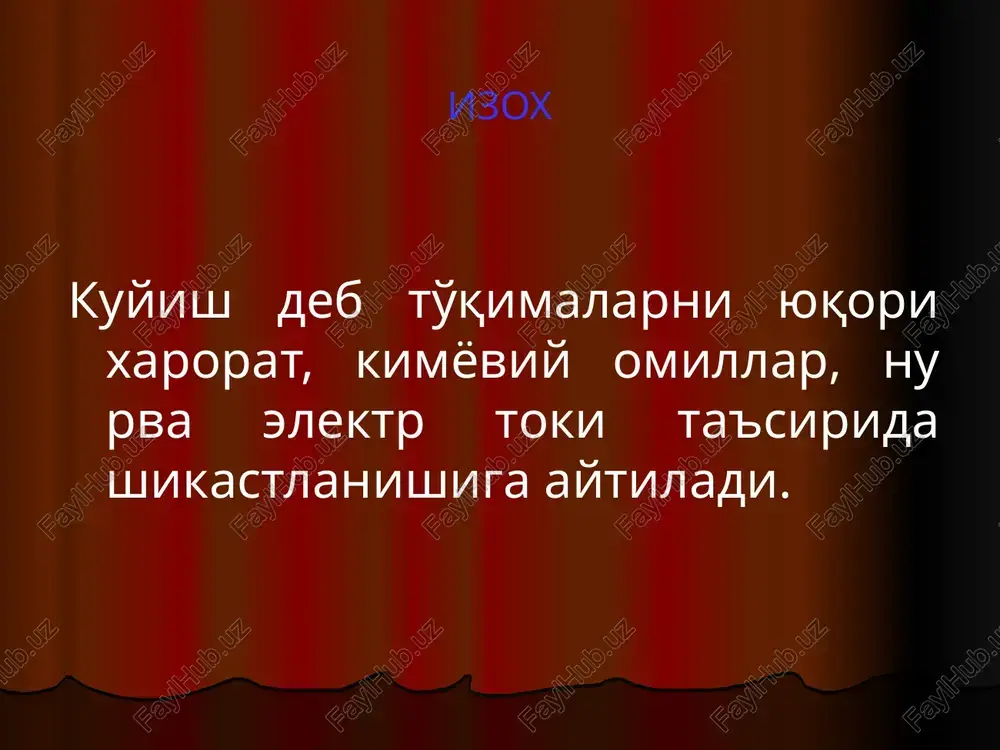 foydalangan ma'qul. oyoq-qo'lning ko'p joyi kuyganda transport shinasi quyish shart. badan satxining ko'p joyi kuyganda bemor sterillangan choyshabga o'raladi. agar steril material topilmasa toza gazmoldan foydalanish mumkin. kuygan yuzaga malxamlar, glitserin, bo'yoq eritmalari surtish man etiladi, chunki bu yarani yuvish va uning chuqurligini aniqlashni qiyinlashtiradi. kuygan joyning o'zida ko'riladigan chor-tadbirlar: shikastlovchi omilni ta'sirini to'xtatish, tana va kuygan joyni sovutish, og'riqni kamaytirish, ximoyalovchi bog'lam quyish, ishqoriy ichimliklar ichirishdan iborat. kasalxonaga jo'natish oldidan esa analgetiklar, neyroleptiklar, gistaminga qarshi vositalar yuboriladi. og'riqni qoldirish uchun narkotik analgetiklar-promedol, omnopon, morfin; gistaminga qarshi vositalar sifatida dimedrol, tavegil, suprastin va b. ishlatilishi mumkin. shifoxonada anesteziya qilinadi, kardiotonik vositalar yuboriladi, plazma o'rnini bosuvchi va elektrolitlar eritmalari (poliglyukin, jelatinol, polifer, reopoliglyukin, «disol», «trisol») tomchilab venaga yuboriladi. sovuq olgan kishiga qoqsholga qarshi zardob yuboriladi. maxalliy davolash-yopiq yoki ochiq usulda bo'lishi mumkin. bog'lamlar quyish iloji bo'lmaganda, ya'ni yuz, oraliq. jinsiy a'zolar soxasi kuyganda ishlatiladi. bunda kuygan joy kuniga 3-4 marta antiseptiklar …