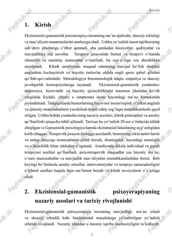 y asoslarining tarkibiy jihatlari quyidagilar bilan tavsiflanadi. birinchidan, mavjudlikning asosiy sharoitlari — o’lim bilimi, erkinlik va javobgarlik, yolg’izlik hamda hayot ma’nosi — tahlil qilinadi va bemorning simptomlari shu kontekstda talqin qilinadi. ikkinchidan, sub’ektivlik va fenomelogik yondashuv muhim; terapevt mijozning dunyoqarashi va tajribasini uning nuqtai nazaridan tushunishga intiladi. uchinchidan, o’zini anglash va autentiklikka erishish terapevtik maqsad sifatida ko‘riladi: bemor o‘z hayotiga nisbatan faol tanlov qilish qobiliyatini rivojlantiradi. amaliy jihatdan ekzistensial-gumanistik terapiya qisqa yoki qat’iy strukturaga ega bo‘lmasligi, balki dialog va eksploretsiyaga asoslanganligi bilan ajralib turadi. terapevt va mijoz o‘rtasidagi munosabat ehtiyotkorlik bilan tashkil etilib, xavfsiz, hurmatli va empatik muhit yaratiladi. bu yondashuv psixoterapiyada simptomatik yondashuvdan ko‘ra chuqurroq, hayotiymuammolarning ildiziga yetishmaqsadini ko‘zlaydi. mdh hududida bu yo‘nalishning tarixi o‘ziga xos: tashqi g‘arbiy manbalar tarjima qilinib, mahalliy ruhshunoslik maktablari doirasida integratsiyalashdi. sovet davri cheklovlari sharoitida ekzistensial masalalar ko‘proq nazariy muhokamalarda yoki adabiy-filosofik tahlillarda namoyon bo‘ldi; mustaqillik 2 asosiy kontseptsiyalar: ma’no, erkinlik, mas’uliyat va o‘z-o‘zini …