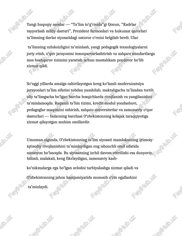 o‘rin egallashini ta’minlaydi. foydalanilgan adabiyotlar 1. o‘zbekiston respublikasi “ta’lim to‘g‘risida”gi qonuni (1997, 2020). 2. “kadrlar tayyorlash milliy dasturi”, 1997 yil. 3. pf–5712-son farmon, 2019 yil. 4. o‘zbekiston respublikasi prezidentining 2022–2026 yillarga mo‘ljallangan taraqqiyot strategiyasi. 5. oliy ta’lim, fan va innovatsiyalar vazirligi materiallari.