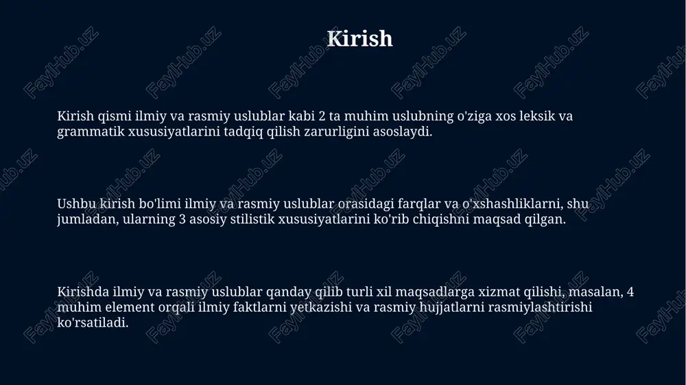 hili gaplar (chunki, shuning uchun), 60 foizgacha bo'lishi mumkin. passiv konstruksiyalar rasmiy uslubda sub'ektning rolini kamaytirish uchun ishlatiladi, masalan, 'qonun loyihasi qabul qilindi' iborasi faol gapdan ko'ra ko'proq uchraydi. sintaksisda otlashgan sifatlar va ravishlar mavhumlikni oshiradi, ilmiy uslubda 3 dan ortiq terminologik birliklar birikib, murakkab tushunchalarni ifodalashga xizmat qiladi. uslublarning umumiy va maxsus leksik qatlamlari hamda stilistik xususiyatlari maxsus leksik qatlamda terminlar (taxminan 10-20%), professional jargonlar va abbreviaturalar mavjud bo'lib, aniqlikni oshiradi va stilistik xususiyat sifatida o'ziga xoslikni yaratadi. umumiy leksik qatlam ilmiy va rasmiy uslublarda kundalik so'zlar (80-90%) va neytral lug'atni o'z ichiga oladi, stilistik jihatdan betaraflik va tushunarlilikni ta'minlaydi. stilistik xususiyatlar ob'ektivlik, mantiqiylik va aniqlikni o'z ichiga oladi, bu esa uslublarning so'z tanlash va ularning qo'llanilishidagi 100% aniqlikni ta'minlaydi. taqqoslash, tahlil va xulosalar ilmiy uslubda aniqlik yuqori, terminlar 80% gacha boʻlishi mumkin, rasmiy uslubda esa standartlashtirilgan til birikmalari 60% dan oshadi, bu farqlar uslubiy maqsadlardan kelib chiqadi. passiv …