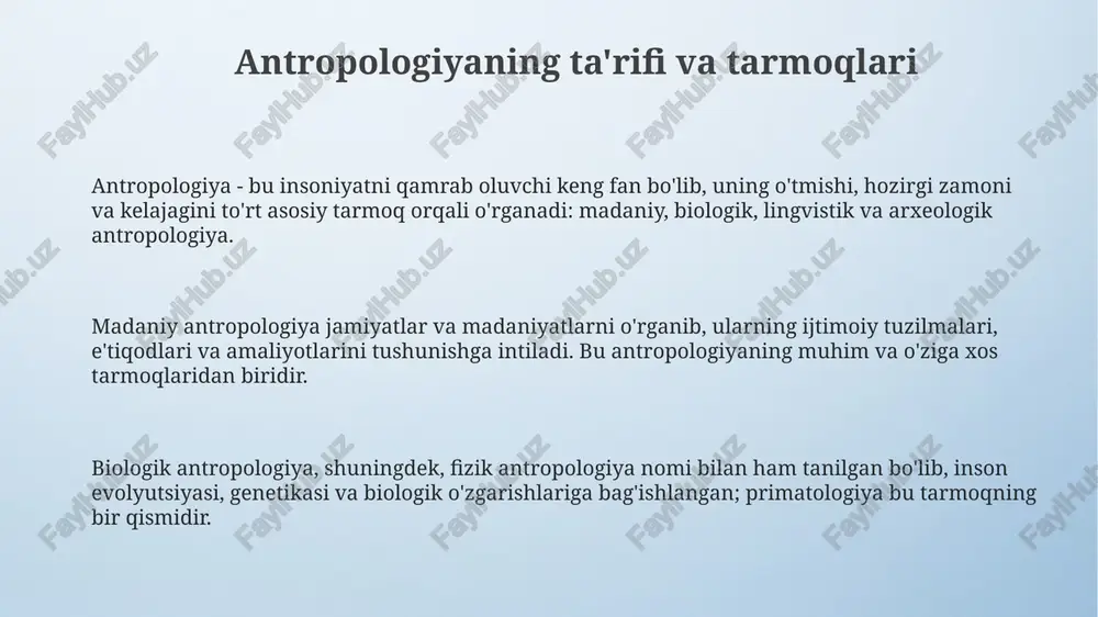 a-xillikning yo'qolishiga olib keladi. antropologlar 7000 dan ortiq tillarning yo'qolib ketishining ijtimoiy oqibatlarini o'rganishlari kerak. iqlim o'zgarishi bilan bog'liq migratsiya inson huquqlari muammolarini keltirib chiqarmoqda. antropologlar 2050 yilgacha 200 milliongacha iqlim muhojirlariga yordam berish yo'llarini izlashlari kerak. migratsiya oqimlari yangi madaniy gibridlarni yaratadi, ammo 1951 yilgi konventsiya doirasida diskriminatsiya va ksenofobiyani kuchaytiradi. antropologlar integratsiyani qo'llab-quvvatlashlari zarur. e'tiboringiz uchun rahmat image4.png image1.jpeg