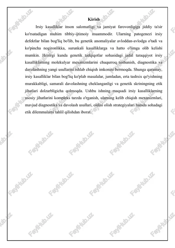 n retsessiv kasallik bo'lib, qon ivishida muammolarga olib keladi. ayollar tashuvchi bo'lishi mumkin, ya'ni ularda bitta normal va bitta mutatsiyaga uchragan x xromosomasi bor, lekin ular kasallikni namoyon qilmaydi. x-bog'langan dominant kasalliklar erkaklarda ham, ayollarda ham uchraydi, lekin ayollarda ko'pincha yengilroq shaklda bo'ladi. bunga misol qilib, rikettsiya kasalligini keltirish mumkin. ⚖️ irsiy kasalliklar taqqoslash turli xil irsiy kasalliklarning taqqoslash item nasldorlik turi ta'sirlangan gen og'irlik darajasi davolash usullari autosom-dominant kasallik autosom bitta gen o'rtacha yoki og'ir simptomatik davo autosom-recessiv kasallik autosom bitta gen o'rtacha yoki og'ir gen terapiyasi, transplantatsiya jinsiy bog'langan kasallik x yoki y xromosoma bitta gen o'rtacha yoki og'ir simptomatik davo, gen terapiyasi irsiy kasalliklarning asosiy turlari va mexanizmlari prenatal diagnostika usullari: invaziv va non-invaziv texnologiyalar irsiy kasalliklarni prenatal (tug'ilishdan oldin) tashxislash, homiladorlik davrida homiladagi irsiy nuqsonlarni aniqlashga qaratilgan. non-invaziv prenatal testlar (nipt) onaning qonidagi homila dnksini tahlil qilish orqali xromosoma anomalilarini, masalan, daun sindromi (trisomiya 21), edvard …