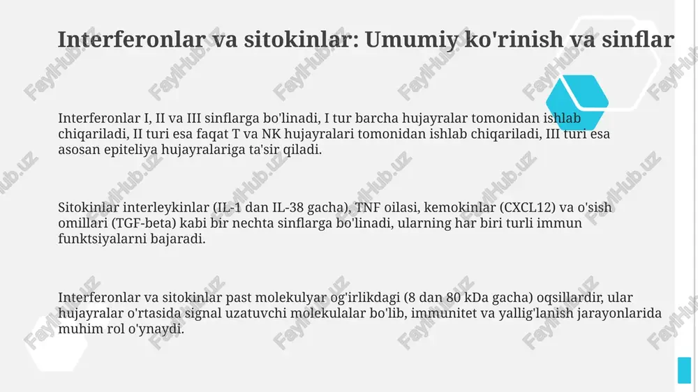 i mumkin, masalan, jak-stat signalizatsiya yo'llarini o'zgartirish orqali, bu davolash samaradorligini kamaytiradi. interferon alfa, masalan, gepatit c va sochli hujayrali leykemiyani davolashda qo'llaniladi, ammo grippga o'xshash simptomlar va depressiya kabi nojo'ya ta'sirlar tufayli foydalanish cheklangan. sitokin terapiyasi saraton kasalliklarida il-2 dan foydalanadi, lekin kapillyar oqishi sindromi kabi jiddiy nojo'ya ta'sirlarga olib kelishi mumkin, bu esa suyuqlikni tomirlardan to'qimalarga sizib chiqishiga sabab bo'ladi. kelajakdagi tadqiqotlar va terapevtik istiqbollar yangi tadqiqotlar i turdagi interferonlar signalini aniqroq yo'naltirishga qaratilgan bo'lib, bu ifnar1 va ifnar2 retseptorlari o'rtasidagi farqlardan foydalanish orqali amalga oshiriladi hamda nojo'ya ta'sirlarni minimallashtiradi. sitokin blokadasi bo'yicha yangi strategiyalar faqatgina tnf-alfa yoki il-6 kabi yakka sitokinlarni yo'q qilishdan ko'ra, bir nechta muhim sitokinlarni bir vaqtning o'zida nishonga oluvchi dori vositalarini ishlab chiqishni o'z ichiga oladi. gen terapiyasi va mrna texnologiyasi usullari, uzoq muddatli ta'sir ko'rsatuvchi sitokinlar va interferonlarni sintez qilish uchun rivojlantirilmoqda, bu esa immun javobni uzoq vaqt davomida nazorat qilish imkonini …