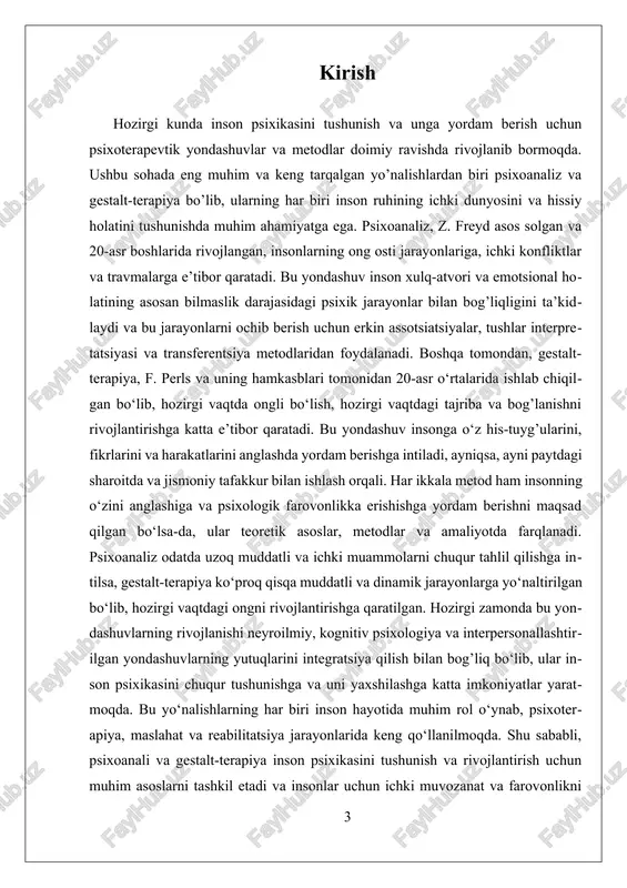 ning asosiy qismlarini, ya'ni consciente, bessoznatelnoe va predsoznatelnoe kabi ko'p qirrali strukturalarni o'rganadi. uning asosiy nazariyasi insonning ruhiy jarayonlarida bessoznatelnoe rolini ta'kidlaydi. bessoznatelnoe — bu inson tushlarida, xiyallarida, avtomatik harakatlarida va yodda qolgan yoki qutulgan travmalarda saqlanadi. psixoanalizda bu jarayonlar o'rganilib, ularning insonning hulqu-hulqi, xatti-harakatlari va ruhiy muammolaridagi ta'siri aniqlanadi. freyd psixoanalizda erkin assotsiatsiyalar, tushlar talqini va transfer texnikasi kabi usullarni ishlatgan. bu usullar orqali patsientning bessoznatelnoe mazmuni aniqlanib, ulardagi ichki konfliktlar va travmalar hal qilinadi. geshtalt-terapiya esa 20asrda frederik perlz, laura perlz va frits perlz tomonidan ishlab chiqilgan va bu yo'nalish insonning xulqu-hulqi va tajribasini jismonan va ruhan to'liq qabul qilishga qaratilgan. uning asosiy tamoyili — "hozirgi vaqtda" bo'lish va hozirdagi tajribani to'la anglashdir. bu yo'nalishda insonning ehtiyojlari, hissiyotlari va fikrlari bilan bog'liq bo'lgan holatlarga diqqat qaratilgan. geshtalt-terapiyada yondoshuv, dialog va eksperimental texnikalar muhim o'rin egallaydi. bu usul insonning o'z tajribalarini, hududiy va emotsional reaktsiyalarini to'liq anglash va qabul …