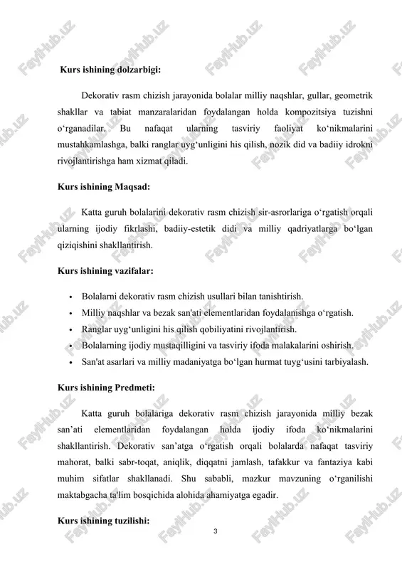 ifadan tashkil topgan. kurs ishining tarkibi: kirish , asosiy qism, 2- bob ,xulosa va adabiyotlar roʻyxatidan iborat. i.bob. katta guruhlarda dekorativ rasmlarni chizishga o’rgatish metodikasi va texnologiyasi haqida. 1.1. tasviriy faoliyat turlari va ularning bola rivojlanishiga ta’siri. rasm chizish bolalarni tasviriy faoliyatga o'rgatishda asosiy o'rin egallaydi va uchta turni o'z ichiga oladi: alohida predmetlarni chizish. mazmunli rasm chizish. dekorativ rasm chizish. tasviriy faoliyatga o'rgatishning asosiy vazifasi - tevarak-atrofdagi borliqni tasavvur qilishda bolalarga yordam berish. ularda kuzatuv-chanlikni rivojlantirmoq, estetik go'zallik hissini tarbiyalamoq hamda tasvirlab berish usullarini o'rgatmoqdir. shu bilan birga, tasviriy faoliyatning eng asosiy vazifasi - ma'lum bir yosh uchun mos tasviriy materiallar bilan bolalarda turli xil predmetlarning turli timsollarini yaratish kabi ijodiy faoliyatini shakllantirish amalga oshiriladi. alohida predmetlarning rasmini chizish psixologlarning qilgantadqiqotlariga ko'ra, bitta predmetni boshqa predmetlar orasidan ajratib olish uchun bolaga shu predmetni idrok qilishga, predmetning shaklini bilishga yordam berar ekan. shakllarning tasviriy jarayonidagi xatoliklar faqatgina bolaning noto'g'ri tushunchalari …