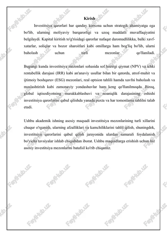 masi (internal rate of return, irr) - investitsiya loyihasining shhqni nolga tenglashtiradigan diskontlash stavkasidir. boshqacha qilib aytganda, idn - investitsiya loyihasi kutilayotgan daromadlilik stavkasidir. agar idn talab qilinadigan daromadlilik stavkasidan yuqori bo'lsa, loyiha qabul qilinadi, agar past bo'lsa, rad etiladi. misol uchun, kompaniya loyiha uchun 15% daromadlilikni talab qiladi va loyihaning idni 20% bo'lsa, loyiha qabul qilinadi, chunki u talab qilinadigan daromaddan yuqori daromad keltiradi. idn loyihaning daromadliligini baholashda muhim rol o'ynaydi, lekin bir nechta kamchiliklarga ham ega. birinchidan, agar loyihaning pul oqimlari odatiy bo'lmasa (masalan, pul oqimlari bir necha marta o'zgarib tursa), bir nechta idn qiymatlari bo'lishi mumkin, bu esa qaror qabul qilishni qiyinlashtiradi. ikkinchidan, idn loyihaning hajmini hisobga olmaydi, bu esa katta loyihalarni baholashda xatoliklarga olib kelishi mumkin. shuning uchun idnni boshqa investitsiya mezonlari bilan birgalikda qo'llash tavsiya etiladi. 📊 investitsiya mezonlarini taqqoslash: idn va boshqalar ushbu jadval investitsiya loyihalarini baholash uchun ishlatiladigan asosiy mezonlarni, xususan ichki daromadlilik …