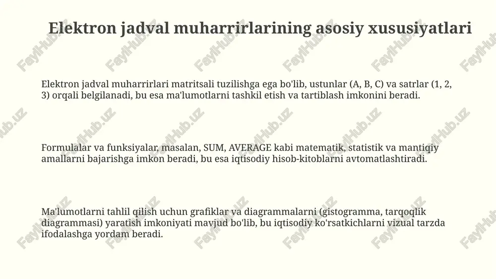 h imkonini beradi, bu esa tushunarli ko'rinishda katta hajmdagi ma'lumotlarni tahlil qilishni osonlashtiradi. ushbu jadvallar iqtisodiy ma'lumotlarga asoslangan holda 10 dan ortiq turli hisobotlarni yaratishga imkon beradi, xarajatlar, daromadlar va foyda kabi ko'rsatkichlarni guruhlash orqali tendentsiyalarni aniqlash imkonini beradi. iqtisodiy modellar yaratish va simulyatsiya qilish elektron jadval muharrirlari 1000 ga yaqin davr uchun murakkab iqtisodiy simulyatsiyalarni yaratishga imkon beradi, bu yerda siz foiz stavkalarini, inflyatsiyani va o'sish sur'atlarini sozlash orqali senariylarni sinovdan o'tkazasiz. monte karlo simulyatsiyasi kabi usullar xavfni baholashga yordam beradi, 10000 martagacha tasodifiy o'zgaruvchilar bilan simulyatsiya qilib, potentsial natijalarni aniqlash va strategiyalarni optimallashtirish mumkin. elektron jadvallarda soliq stavkalari, amortizatsiya usullari va subsidiyalar kabi iqtisodiy siyosat o'zgarishlarining ta'sirini modellashtirish mumkin, bu esa siyosatchilarga qaror qabul qilishda yordam beradi. ma'lumotlarni import va eksport qilish ma'lumotlarni eksport qilish xlsx, pdf yoki csv formatlarida amalga oshirilishi mumkin. bu usul 20 dan ortiq turli xil dasturlar bilan mos keladi va 99% ma'lumotlar uzatish …