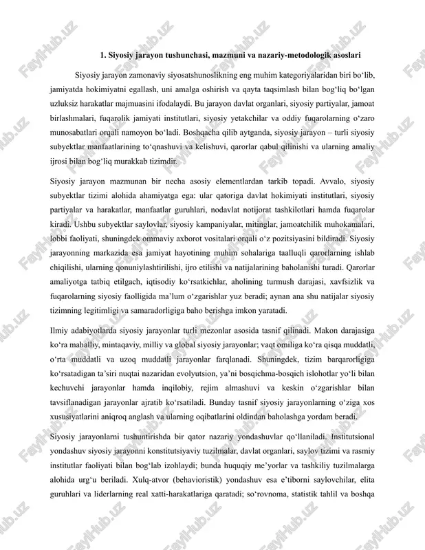 asnif qilinadi. makon darajasiga ko‘ra mahalliy, mintaqaviy, milliy va global siyosiy jarayonlar; vaqt omiliga ko‘ra qisqa muddatli, o‘rta muddatli va uzoq muddatli jarayonlar farqlanadi. shuningdek, tizim barqarorligiga ko‘rsatadigan ta’siri nuqtai nazaridan evolyutsion, ya’ni bosqichma-bosqich islohotlar yo‘li bilan kechuvchi jarayonlar hamda inqilobiy, rejim almashuvi va keskin o‘zgarishlar bilan tavsiflanadigan jarayonlar ajratib ko‘rsatiladi. bunday tasnif siyosiy jarayonlarning o‘ziga xos xususiyatlarini aniqroq anglash va ularning oqibatlarini oldindan baholashga yordam beradi. siyosiy jarayonlarni tushuntirishda bir qator nazariy yondashuvlar qo‘llaniladi. institutsional yondashuv siyosiy jarayonni konstitutsiyaviy tuzilmalar, davlat organlari, saylov tizimi va rasmiy institutlar faoliyati bilan bog‘lab izohlaydi; bunda huquqiy me’yorlar va tashkiliy tuzilmalarga alohida urg‘u beriladi. xulq-atvor (behavioristik) yondashuv esa e’tiborni saylovchilar, elita guruhlari va liderlarning real xatti-harakatlariga qaratadi; so‘rovnoma, statistik tahlil va boshqa empirik metodlar orqali ommaviy siyosiy kayfiyat va ovoz berish motivlari o‘rganiladi. tizimli yondashuv siyosiy jarayonni “kirish–chiqish” modeli orqali tahlil qilib, jamiyatdan kelayotgan talab va qo‘llab-quvvatlash signallarini siyosiy tizimga kirish, qabul qilingan …