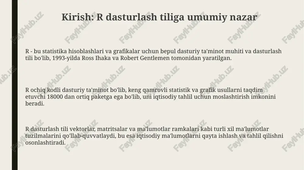 qiymatlarni bashorat qilish uchun ols usuli orqali bog'liqlikni tahlil qilishda muhimdir. vektorli avtoregressiya (var) kabi vaqt seriyali ekonometrik modellari makroiqtisodiy o'zgaruvchilar o'rtasidagi dinamik aloqalarni o'rganishga yordam beradi va impulslarga javoblarni o'lchaydi. ma'lumotlarni vizualizatsiya qilish va grafiklar r-da vizualizatsiya iqtisodiy tendensiyalarni aniqlashga yordam beradi, masalan, ggplot2 yordamida vaqt seriyalari uchun chiziqli grafiklar chizish, 2008-yilgi moliyaviy inqiroz kabi davriy oʻzgarishlarni aniq koʻrsatish. r orqali interaktiv grafikalar yaratish imkoniyati iqtisodiy ma'lumotlar bilan chuqurroq tanishishga imkon beradi; masalan, plotly paketidan foydalanib 3d sirt diagrammalarini qurish, bu ko'rsatkichlar orasidagi murakkab bog'liqliklarni ochib beradi. shiny ilovalaridan foydalanib, dinamik panellar yaratish iqtisodiy ko'rsatkichlar (masalan, yaim, inflyatsiya) va ularning o'zgarishini real vaqtda kuzatish imkonini beradi, bu qaror qabul qilishda muhim rol o'ynaydi. hisobot tayyorlash va natijalarni nashr qilish natijalarni interaktiv veb-ilovalarda nashr qilish uchun shiny paketidan foydalaning. foydalanuvchilar ma'lumotlar bilan o'zaro aloqada bo'lishlari va turli xil ssenariylarni sinab ko'rishlari mumkin, bu esa 5 yillik prognoz qilishda juda muhim. …