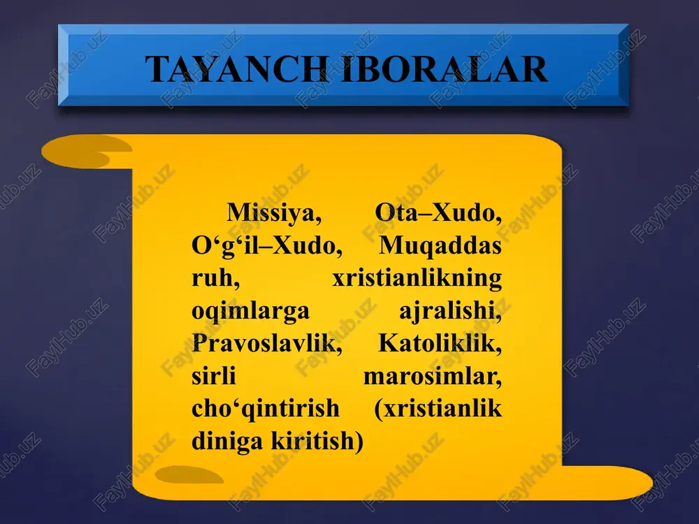 arni bersada’ diniy bo’lmagan manbalarda isoning nomi uchramaganligini nazarda tutib, u tarixiy emas, balki afsonaviy shaxsdir deguvchilar ham bor. iso nomiga qo’shiluvchi masih so’zi qadimiy yaxudiy tili – ivritdagi “moshiax” so’zidan olingan bo’lib, ”silangan” yoki “siylangan” ma’nolarini beradi. grekchada bu so’z “xristos” (“christos”) shakliga ega. bu dinning “xristianlik” yoki “masihiylik” deb atalishi ham shu so’zlar bilan bog’liq. bundan tashqari xristianlik iso masihning tug’ilgan qishlog’i “nazaret” bilan bog’lab, nazroniya deb ham atalgan. keyinchalik bu nom nasroniya, nasroniylik shaklini olgan. iso masih o’z ta’limotini o’zining 12 o’quvchisi apostollar – havoriylarga o’rgatdi. ular esa isoning vafotidan keyin ustozlarining talimotlarini har birlari alohida-alohida tarzda kitob shakliga keltirdilar. bu kitoblar bibliyaning “yangi ahd” qismini tashkil etadi. 10 2.xristianlikning talimoti manbalar habar bericha, xristianlik yaxudiy muhitida yuzaga kelgan. bu esa xristianlikning yaxudiylikdan ko’p jihatdan ta’sirlanishiga sabab bo’ldi. xristianlikning asosiy g’oyasi – isoning odamzodning xaloskori “messiya” ekanligi yaxudiylikda mavjud bo’lib, oxiratga yaqin kelishi kutilayotgan xaloskor haqidagi ta’limotdan …