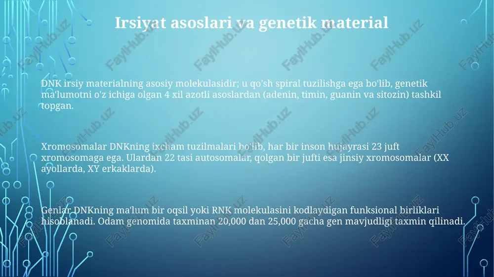 siyalari. genetik skrining, profilaktika va etik masalalar genetik skrining, ayniqsa neonatal skrining, bolalarda 30 dan ortiq davolanadigan genetik kasalliklarni erta aniqlash imkonini beradi, bu esa profilaktika va davolash uchun muhimdir. profilaktika chora-tadbirlari, masalan, foliy kislotasi qo'shimchalari, nerv nayi defektlari kabi 70% gacha nasliy kasalliklarning oldini olishi mumkin, lekin xarajatlar va adolat haqida savollar tug'diradi. genetik skrining natijalari konfidensialligi va ulardan sug'urta kompaniyalari yoki ish beruvchilar tomonidan suiiste'mol qilinishining oldini olish etik masalalarni keltirib chiqaradi, shaxsiy huquqlar muhim. e'tiboringiz uchun rahmat image1.png image2.png