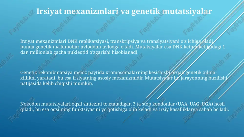 ning 25% aniqlashga yordam beradi va profilaktika choralarini ko'rish imkonini beradi. genetik ma'lumotlarning maxfiyligi bioetik muammolarni keltirib chiqaradi, shuning uchun bemorlarning 75% roziligi va ma'lumotlar xavfsizligini ta'minlash zarur. genetik diskriminatsiya 50% hollarda ish beruvchilar va sug'urta kompaniyalari tomonidan sodir bo'lishi mumkin, bu huquqiy himoya va qonunchilikni talab qiladi. e'tiboringiz uchun rahmat image1.png