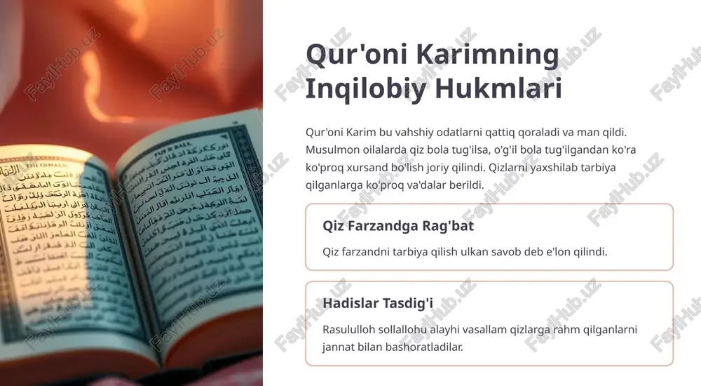uliyatdan ozod qilinishi islomda ayollarni tug'ilganlaridan umrlarining oxirigacha kerakli maishat bilan ta'minlash erkaklar zimmasiga yuklatilgan. jamiyat uchun zarur bo'lgan og'ir ishlarni bajarish ham erkaklarga yuklatilgan. erkakning zimmasidagi ta'minot ayollarning moddiy ta'minoti erkaklarning mas'uliyati hisoblanadi. og'ir ishlardan ozodlik hurmat va e'zozga loyiq bo'lgan ayollar og'ir mehnatdan ozod qilinganlar. manfaatni saqlash ayolning ishlashi man qilinmagan, balki uning, oilasi va jamiyatining manfaatlaridan kelib chiqib tartibga solingan. ayollarga xos kasblar va qobiliyatlar islom ayollarning yosh bolalarni ta'lim va tarbiya qilish, xotin-qizlarga tibbiy xizmatlar ko'rsatish kabi o'zlariga mos kasblarda ishlashlarini rag'batlantiradi. ta'lim va tarbiya yosh bolalarni o'qitish va tarbiyalash. tibbiy xizmatlar halol mehnat oilasi muhtoj bo'lganda halol yo'l bilan mehnat qilish. nodir qobiliyat jamiyatga foydasi ko'p bo'lgan nodir qobiliyatli ayollarning ishlashi tavsiya etiladi. xotin-qizlarga tibbiy yordam ko'rsatish. ayollarning ishlashiga ruxsat berilgan holatlar nodir qobiliyatlar nodir qobiliyatga ega bo'lib, jamiyatga foydasi ko'p bo'lgan ayollar ham ishlashlari tavsiya qilinadi. farzi kifoya ishlar agar ayolning xotinlarga xos farzi …