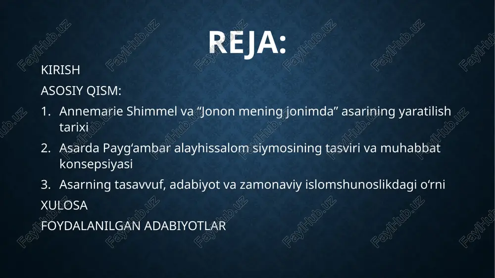 k timsoli sifatida talqin etiladi. shimmel musulmon mualliflarining asarlaridan misollar keltirar ekan, payg‘ambar alayhissalom tasvirida tashqi fazilatlar (sifatlar, odob, muomala) bilan bir qatorda ichki nur, ilohiy muhabbatni aks ettiruvchi ruhiy-axloqiy sifatlar markaziy o‘rin egallashini ko‘rsatadi. shu tariqa u g‘arb o‘quvchisiga musulmonlar nigohida shakllangan payg‘ambarona obrazning ichki mazmunini ilmiy asosda tushuntirishga intiladi. asarda muhabbat konsepsiyasi alohida tahlil qilinadi va u “payg‘ambarona muhabbat” tushunchasi bilan bog‘lanadi. shimmel tasavvufiy adabiyot, na’tlar va madhiyalarda muhammad alayhissalomga bo‘lgan muhabbat turli shakllarda – ma’rifiy muhabbat, ruhiy sadoqat, ichki poklanish istagi va ilohiy yaqinlikka intilish tarzida ifodalanishini ko‘rsatadi. unga ko‘ra, musulmon an’analarida payg‘ambar alayhissalomni sevish faqat hissiy ehtirom emas, balki axloqiy mezon va hayotiy idealga ergashish shakli hamdir. shimmel ushbu muhabbat konsepsiyasini falsafiy jihatdan sharhlab, u orqali nafaqat shaxsiy taqvo, balki ummatning madaniy va adabiy merosi, tasavvufiy tariqatlar, diniy marosim va udumlar shakllanishida payg‘ambarona obraz qanday markaziy o‘rin tutganini ochib beradi. natijada “jonon mening jonimda” asarida payg‘ambar …