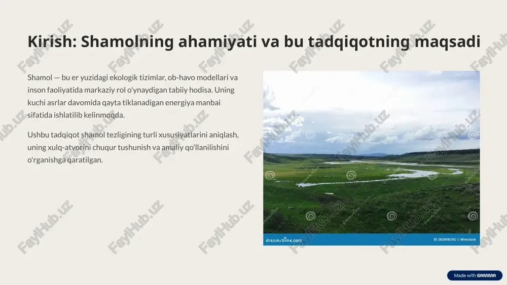 ental tushunchalarni kengaytirdi, balki turli sohalarda amaliy ahamiyatga ega echimlarni taklif qildi. kelgusi tadqiqot yo'nalishlari: iqlim o'zgarishi sharoitida shamol tezligining uzoq muddatli tendensiyalarini o'rganish. sun'iy intellekt va mashinani o'rganish usullarini shamol bashoratiga integratsiya qilish. urbanizatsiya va shamol oqimi o'rtasidagi o'zaro bog'liqlikni yanada tahlil qilish. 11 image1.png image2.png image3.png image4.png image5.svg image6.svg image7.svg image8.svg image9.png image10.png image11.png image12.png image13.svg image14.svg image15.svg image16.png image17.png