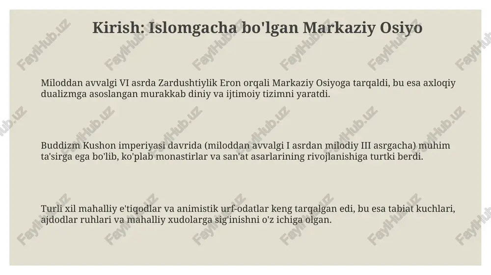 , rostgo'ylik va adolat tushunchalari islom kelgandan keyin ham markaziy osiyo madaniyatida 1000 yildan ortiq saqlanib qoldi. buddist monastirlari va ularning ta'limotlari viii asrdan keyin asta-sekin yo'qolgan bo'lsa-da, ularning san'at va me'morchilikdagi 500 yillik merosi keyingi islomiy inshootlarga sezilarli ta'sir ko'rsatdi. sug'd tilidagi savdo aloqalari va madaniy almashinuvlar, ayniqsa, ipak yo'li bo'ylab, islom davrida ham davom etdi, bu esa mintaqaning global iqtisodiyotga integratsiyasida 700 yillik muhim rol o'ynadi. e'tiboringiz uchun rahmat image3.png