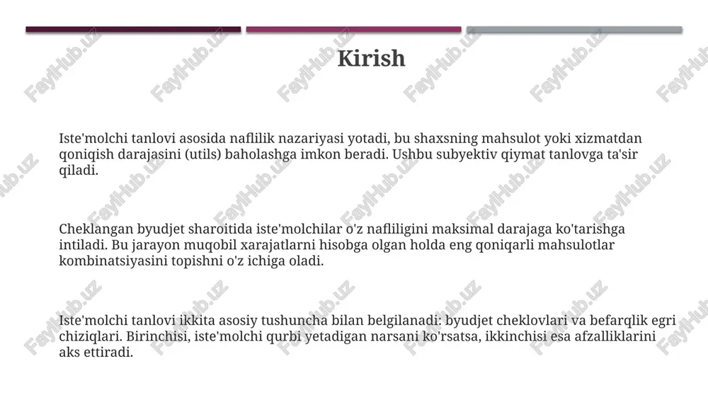 sobga olgan holda. muvozanat nuqtasida iste'molchi qo'shimcha birlik tovar olishdan olinadigan marginal foydani narxiga tenglashtiradi, bu esa maksimal qoniqishni ta'minlaydi. e'tiboringiz uchun rahmat
