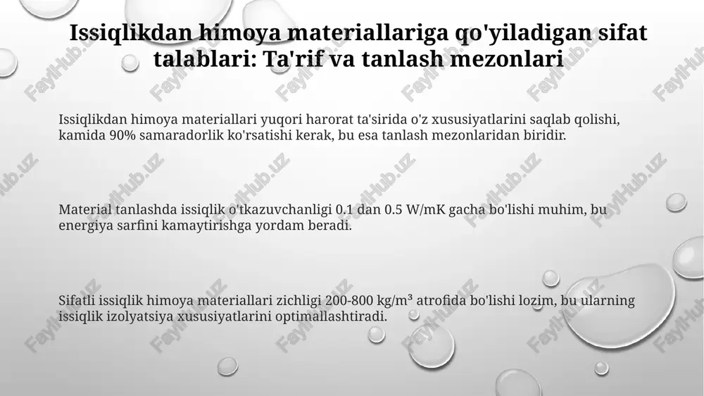 .1°c aniqlikda issiqlik oqimini aniqlash va 100% mahsulotni tekshirish imkonini beradi. atrof-muhitga ta'sirni kamaytirish uchun qayta ishlanadigan materiallar (masalan, bazalt tola) qo'llaniladi va ishlab chiqarishda co2 emissiyasini 20% ga kamaytirishga harakat qilinadi. standartlar, sertifikatlar va kelajak tendentsiyalari kelajak tendentsiyalari yuqori haroratli izolyatsiyada nano-materiallardan foydalanishni o'z ichiga oladi, bu esa 20% gacha issiqlik o'tkazuvchanligini pasaytiradi va mustahkamlikni oshiradi. sifat sertifikatlari, masalan iso 9001, mahsulot sifatini ta'minlash uchun ishlab chiqarish jarayonlarining 100% mosligini kafolatlaydi va tizimli auditlarni talab qiladi. astm standartlari, masalan, c177, issiqlik o'tkazuvchanligini aniqlash uchun ishlatiladi, bu 25 gradusdan 1000 gradusgacha bo'lgan harorat oralig'ida materialning issiqlik xususiyatlarini o'lchaydi. e'tiboringiz uchun rahmat image3.png image1.png image2.png