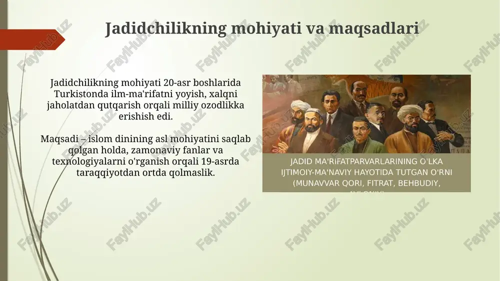 n boshlab jadidchilikni qattiq taqiqladi, ularni burjua millatchilari deb e'lon qildi va ularning asarlarini yo'q qildi. jadid ziyolilarining aksariyati 1930-yillarda qatag'on qilindi, bu ularning g'oyalarining keng tarqalishiga to'sqinlik qildi va ularning merosini yashirishga harakat qilindi. jadidchilikning ma'naviy-axloqiy ideallari: insonparvarlik va adolat jadidlar insonparvarlikni 12 ta asosiy sifat orqali ifodalashgan, shu jumladan mehribonlik, rahm-shafqat va har bir insonning qadr-qimmatini hurmat qilishni targ'ib etishgan. adolat jadidlar uchun jamiyatning 5 asosiy ustunidan biri bo'lgan, qonun ustuvorligini ta'minlash va har bir shaxs uchun teng imkoniyatlar yaratish orqali namoyon bo'lgan. jadidchilikning bugungi kundagi ahamiyati: tarix saboqlari jadidchilikning bugungi kundagi ahamiyati milliy o'zlikni anglash, mustaqil fikrlash va taraqqiyotga intilish kabi qadriyatlarni mustahkamlashda 21-asr uchun muhim saboqdir. jadidlar merosi, ayniqsa, fitrat, behbudiy va avloniylarning asarlari, ta'lim tizimini takomillashtirish, yosh avlodni ma'naviy barkamol etib tarbiyalash uchun bebaho manbadir. e'tiboringiz uchun rahmat image1.jpg image2.jpg image3.jpg image4.jpg image5.jpg image6.jpg image7.jpg image8.jpg image9.jpg image10.jpg image11.jpg