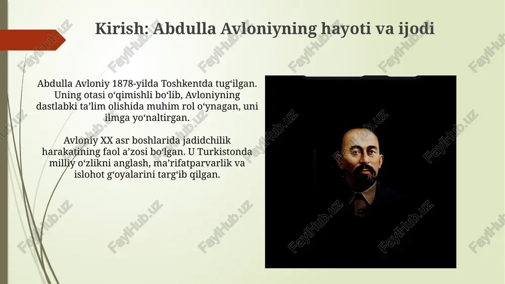 davom ettirilgan. avloniyning o'qituvchilarni tayyorlashga bo'lgan e'tibori avloniy "turkiston maktablari uchun o'qituvchi muallimlar" nomli maxsus qo'llanma yaratdi, unda pedagogika, psixologiya va didaktikaning asosiy tamoyillari yoritilgan. u 1910-yillarda jadid maktablarida o'qituvchilarning malakasini oshirish uchun qisqa muddatli o'quv kurslarini tashkil etish tashabbusini ko'rsatdi va dasturlarni ishlab chiqdi. jadid maktablarining jamiyatga ta'siri jadid maktablari jamiyatda savodxonlik darajasini oshirib, 10-15% dan yuqori ko'rsatkichga erishishga yordam berdi, bu esa ma'rifatparvarlik g'oyalarining tarqalishiga turtki bo'ldi. jadid maktablari o'quvchilarga zamonaviy fanlar bilan bir qatorda, 2-3 xil tilda ta'lim berdi, bu esa ularning dunyoqarashini kengaytirib, ijtimoiy faollikni oshirdi. avloniyning maktablardagi milliy ruhni shakllantirishdagi roli avloniyning "turkiy guliston yoxud axloq" (1909) asari milliy tarbiya uchun muhim qo‘llanma bo‘lib, bolalarda vatanparvarlik va axloqiy qadriyatlarni shakllantirishga katta hissa qo‘shgan. u o‘z darsliklarida til va adabiyot orqali milliy madaniyatni targ‘ib qilib, o‘quvchilarni o‘zbek xalqining boy tarixi va an’analari bilan tanishtirgan, shu orqali milliy ongni uyg‘otgan. jadid maktablarining moliyaviy ta'minoti muammolari jadid maktablari …