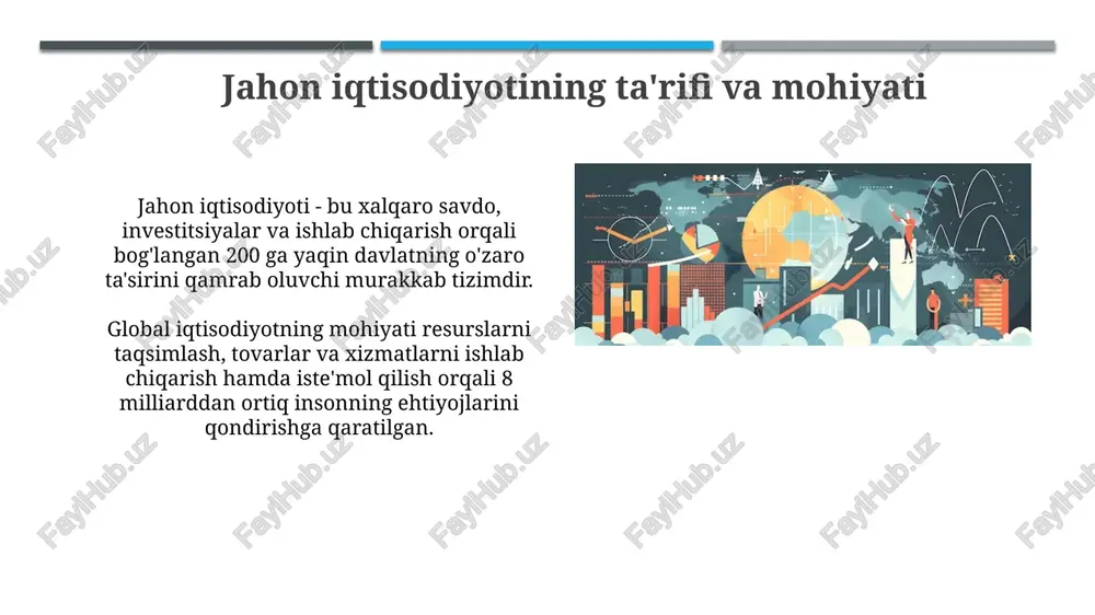 vojlanish global issiqlik 1,5 daraja selsiyga ko'tarilsa, qutb muzliklari erishi, dengiz sathining ko'tarilishi va ekstremal ob-havo hodisalari kuchayishi kutilmoqda. barqaror rivojlanish maqsadlari (brm) 2030-yilgacha qashshoqlikni tugatish, sayyorani himoya qilish va barcha uchun tinchlik va farovonlikni ta'minlashga qaratilgan. global muammolar va xatarlar iqlim o'zgarishi, haroratning 1,5 darajaga ko'tarilishi ekstremal ob-havo hodisalarini, suv tanqisligini va qishloq xo'jaligiga ta'sirini kuchaytiradi, bu esa global iqtisodiy beqarorlikni keltirib chiqaradi. global qarzdorlikning ortishi, ayniqsa rivojlanayotgan bozorlarda, foiz stavkalari o'sganda moliyaviy inqirozlarni keltirib chiqarishi mumkin, bu esa global iqtisodiy o'sishga salbiy ta'sir qiladi. kelajak tendentsiyalari va prognozlar raqamli iqtisodiyotning o'sishi va aining keng qo'llanilishi 2030-yilga borib global yaimga 15 trillion dollardan ortiq hissa qo'shishi kutilmoqda, bu esa ish o'rinlari transformatsiyasini talab qiladi. global qarilik va demografik o'zgarishlar 2050-yilga kelib mehnat resurslarining kamayishiga olib keladi, pensiya tizimlariga bosimni kuchaytiradi va immigratsiya siyosatiga yangi yondashuvlarni zarur qiladi. e'tiboringiz uchun rahmat image1.jpg image2.jpg image3.jpg image4.jpg image5.jpg image6.jpg image7.jpg image8.jpg image9.jpg …