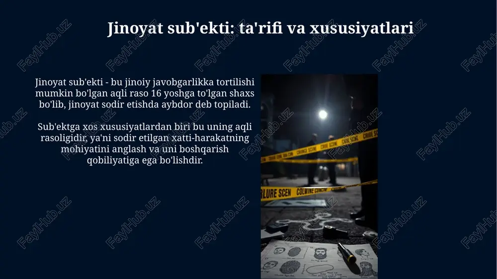 ishida ishtirok etish huquqiga ega, u ayblanuvchining huquqlarini himoya qiladi va unga yuridik yordam ko'rsatadi. aybsizlik prezumpsiyasi aybsizlik prezumpsiyasi o'zbekiston respublikasi konstitutsiyasining 26-moddasida mustahkamlangan bo'lib, shaxsning aybi qonuniy tartibda isbotlanmaguncha aybsiz deb hisoblanadi. sud ayblanuvchining aybdorligiga shubha tug'ilsa, aybsizlik prezumpsiyasiga asosan ayblanuvchi foydasiga hal qilishi shart, bu o'zbekiston jinoyat protsessual kodeksining 23-moddasida belgilangan. xulosa xulosa qilib aytganda, jinoyat sub'ekti tushunchasi 16 yoshga to'lgan aqli raso shaxsni anglatadi, lekin ayrim hollarda 14 yoshdan javobgarlik belgilanishi mumkin. maxsus sub'ekt jinoyatida mansabdor shaxsning vakolatlari, masalan, 205-modda bo'yicha hokimiyatni suiiste'mol qilish, alohida ahamiyatga ega. e'tiboringiz uchun rahmat image5.jpg image6.jpg image7.jpg image8.jpg image9.jpg image10.jpg image11.jpg image12.jpg image13.jpg image14.jpg image15.jpg image1.jpeg