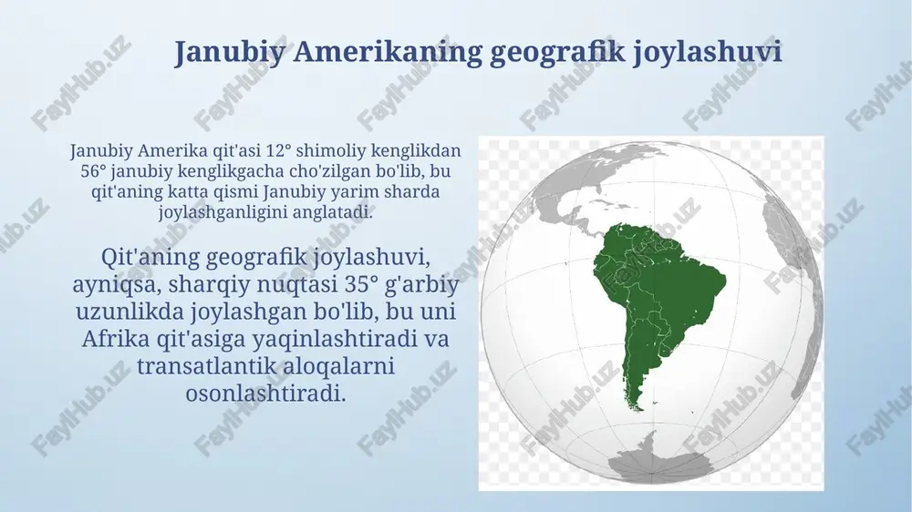 71°35' g'arbiy uzunlikni tashkil etadi. punta gallinas, guajira yarim orolida joylashgan, karib dengiziga tutashgan cho'l landshafti bo'lib, o'zining ekstremal iqlim sharoitlari va dengiz muhiti bilan ajralib turadi. janubiy amerikaning eng janubiy nuqtasi janubiy amerikaning eng janubiy nuqtasi diego ramires orollaridagi isla agila bo'lib, u taxminan 56°32' janubiy kenglikda va 68°43' g'arbiy uzunlikda joylashgan. kap horn, ko'pchilik tomonidan janubiy amerikaning eng janubiy nuqtasi deb hisoblansa ham, aslida undan janubroqda joylashgan isla agila 500 metrdan ortiq masofada joylashgan. janubiy amerikaning eng sharqiy nuqtasi janubiy amerikaning eng sharqiy nuqtasi braziliyadagi paraiba shtatida joylashgan ponta do seixas bo'lib, 34°47′30″ g'arbiy uzunlikda joylashgan. bu nuqta materikning afrika tomon eng yaqin qismidir. ponta do seixas koordinatalari janubiy amerikaning atlantika okeaniga eng ko'p kirib borishini ko'rsatadi va braziliya sohilining muhim qismida joylashgan bo'lib, uning geostrategik ahamiyati kattadir. janubiy amerikaning eng g'arbiy nuqtasi janubiy amerikaning eng g'arbiy nuqtasi peruning piura mintaqasida, taxminan 81° 20' g'arbiy uzunlikda joylashgan bo'lib, …