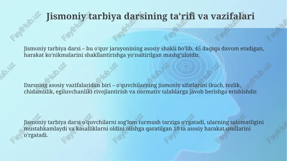 alash jismoniy yuklamaning dozalanishi yurak urish tezligini (yuut) kuzatish orqali aniqlanadi, masalan, 140-160 zarba/daqiqada o'rtacha yuklama, bu intensivlikni nazorat qilishga yordam beradi. yuklama intensivligi mashqni bajarish davomiyligi (masalan, 30 daqiqa), takrorlanish soni (10-15 marta) va dam olish oraliqlari (1-2 daqiqa) bilan belgilanadi. yuklamani dozalashda o'quvchining jismoniy tayyorgarligi hisobga olinadi, zaifroq o'quvchilarga kamroq yuklama (masalan, 5 kg og'irlik) va kuchliroqlarga ko'proq (10 kg og'irlik) beriladi. xavfsizlik texnikasi qoidalari sport zalidagi jihozlar 2-3 oyda bir marta tekshirilib, nosozliklar aniqlansa, darhol bartaraf etilishi kerak, aks holda o'quvchilar bilan mashg'ulotlar o'tkazilmaydi. har bir mashqni bajarishdan oldin, o'quvchilar jismoniy tayyorgarlik darajasiga mos ravishda 10-15 daqiqa isinish mashqlarini bajarishlari shart, bu jarohatlarning oldini oladi. jismoniy mashqlar paytida, o'quvchilarning har biri o'z joyida turishi va 1.5-2 metr masofani saqlashi lozim, bu tasodifiy to'qnashuvlar va jarohatlarning oldini oladi. darsni tahlil qilish va baholash dars tahlilida o'quvchilarning jismoniy tayyorgarlik darajasi 1 dan 5 gacha ball bilan baholanadi, bunda har …