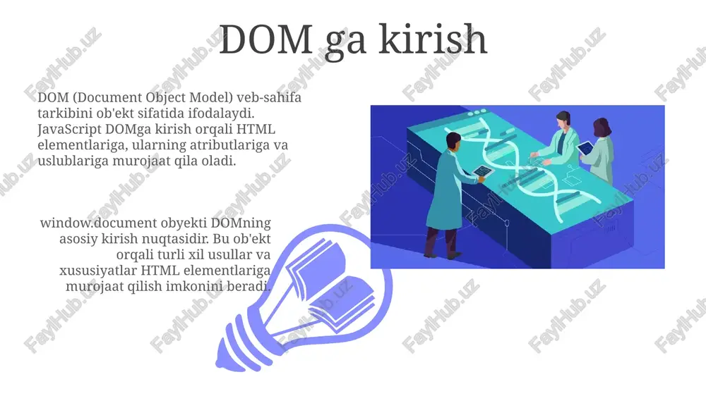 taradi, shu jumladan elementlar, matn va izohlar. children xususiyati faqat element tugunlarini (htmlcollection) qaytaradi. dom o'zgarishlarini optimallashtirish reflow va repaintni minimallashtirish uchun o'zgarishlarni yig'ing; elementlarni bir necha marta o'zgartirish o'rniga, ularni bitta 'fragment'ga o'zgartiring va keyin domga qo'shing. offlayn dom manipulyatsiyasi, masalan, vaqtinchalik elementga o'zgartirishlar kiritib, so'ngra faqat bitta operatsiya orqali domga qo'shish, 10+ marta reflow va repaintni kamaytiradi. virtual dom va uning afzalliklari virtual dom - bu haqiqiy domning xotiradagi yengil nusxasi bo'lib, javascriptda yaratilgan. u elementlarning xususiyatlari va atributlarini node daraxti shaklida saqlaydi. virtual dom haqiqiy dom bilan solishtirilganda tezroq, chunki u haqiqiy domga kamroq o'zgarishlar kiritadi. faqatgina farqlar aniqlangandan so'ng, o'zgartirishlar haqiqiy domda amalga oshiriladi. zamonaviy dom apilari (mutationobserver) 01 02 mutationobserver interfeysi dom daraxtidagi o'zgarishlarni kuzatish uchun asinxron mexanizmni taqdim etadi, bu veb-ilovalar uchun samarali va sezgir yechimdir. sales 1st qtr 2nd qtr 100 0 sales 1st qtr 2nd qtr 100 0 misollar va amaliy mashqlar …