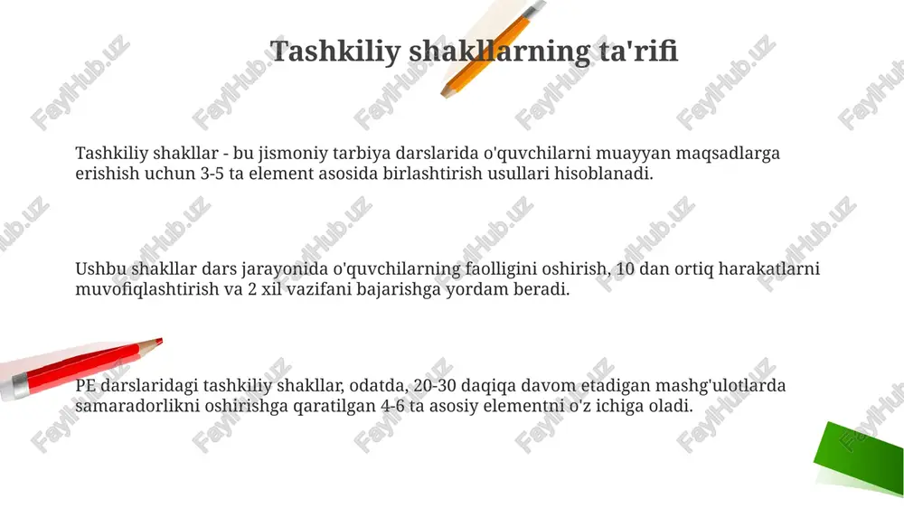ajaradi va natija umumiy hisobga qo'shiladi. sport o'yinlari taktik fikrlashni rivojlantiradi va 2 ta jamoa o'rtasida qoidalar asosida o'tkaziladi, masalan, futbol yoki basketbol, har bir jamoada 5-11 o'yinchi bo'lishi mumkin. o'yin shakllari estafeta o'yinlari jamoaviy shakllarning muhim qismi bo'lib, 2 dan 4 gacha jamoani birlashtirib, tezlik va hamjihatlikni oshirishga yordam beradi. o'yin shakllari 7-10 yoshdagi bolalarda tezkorlik, chaqqonlik va koordinatsiyani rivojlantirishga qaratilgan, oddiy qoidalar va harakatlar bilan xarakterlanadi. sport o'yinlari, masalan, mini-futbol yoki voleybolning soddalashtirilgan turlari, 11 yoshdan oshgan o'quvchilar uchun mos bo'lib, taktika va strategiyani o'rgatadi. sayohat shakllari sayohat shakllari 3-5 km masofaga mo'ljallangan bo'lib, jismoniy sifatlarni rivojlantirishga qaratilgan. ular tabiiy to'siqlardan o'tish, masofani bosib o'tish tezligini oshirishga yordam beradi. sayohat shakllari darsning asosiy qismida 15-20 daqiqa davomida o'tkaziladi va o'quvchilarning umumiy jismoniy tayyorgarligini oshirish uchun 6-8 ta turli mashqlarni o'z ichiga oladi. sayohat shakllarida xavfsizlik qoidalariga rioya qilish muhim, jumladan, yo'nalishni oldindan rejalashtirish, 1-2 nafar rahbar tayinlash va …