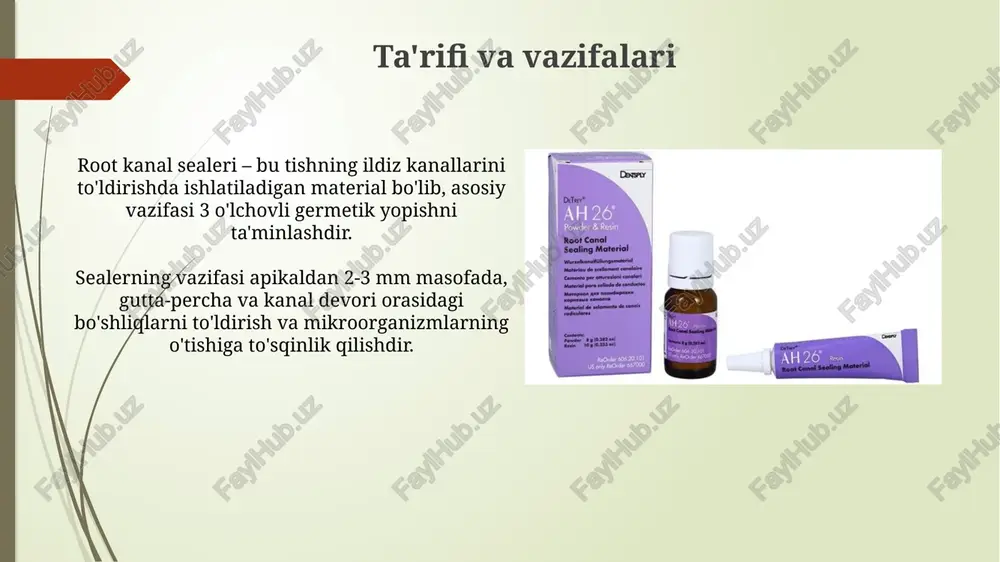 atish va ishlatish vaqtini 15% ga qisqartirish imkonini beradi. klinik ahamiyati klinik ahamiyati shundaki, yaxshi ildiz kanalini plomba materiali apikal oqishni kamaytiradi, bu muvaffaqiyat darajasini 10-15 foizga oshirishi mumkin, ayniqsa murakkab holatlarda. ildiz kanalini to'ldirishda germetik sifatida to'g'ri tanlangan plomba materiali yordamida o'tkazilgan davolash natijasida 90% holatlarda ildiz kanalining muvaffaqiyatli plomba bo'lishi ta'minlanadi. narxlar va mavjudlik ko'pgina tsement asosidagi ildiz kanallarini to'ldirish materiallarining narxi 15 dan 50 aqsh dollarigacha bo'lib, yetkazib beruvchi, miqdori va markasiga qarab o'zgaradi; ular ko'plab stomatologik ta'minot do'konlarida mavjud. polimer asosidagi plombalash materiallari sezilarli darajada qimmatroq bo'lishi mumkin, narxi 75 dan 200 aqsh dollarigacha bo'lishi mumkin, ammo ular yaxshilangan muhrlash xususiyatlari tufayli uzoq muddatda rentabelliroq bo'lishi mumkin. saqlash va ishlatish sealerlarni 2-8°c haroratda, quruq va yorug'likdan himoyalangan joyda saqlang; yaroqlilik muddatini tekshiring, chunki muddati o'tgan materiallar fizik va kimyoviy xususiyatlarini yo'qotishi mumkin. ishlatishdan oldin sealerni yaxshilab aralashtiring, ishlab chiqaruvchining ko'rsatmalariga rioya qiling; noto'g'ri aralashtirish qotish vaqtiga …