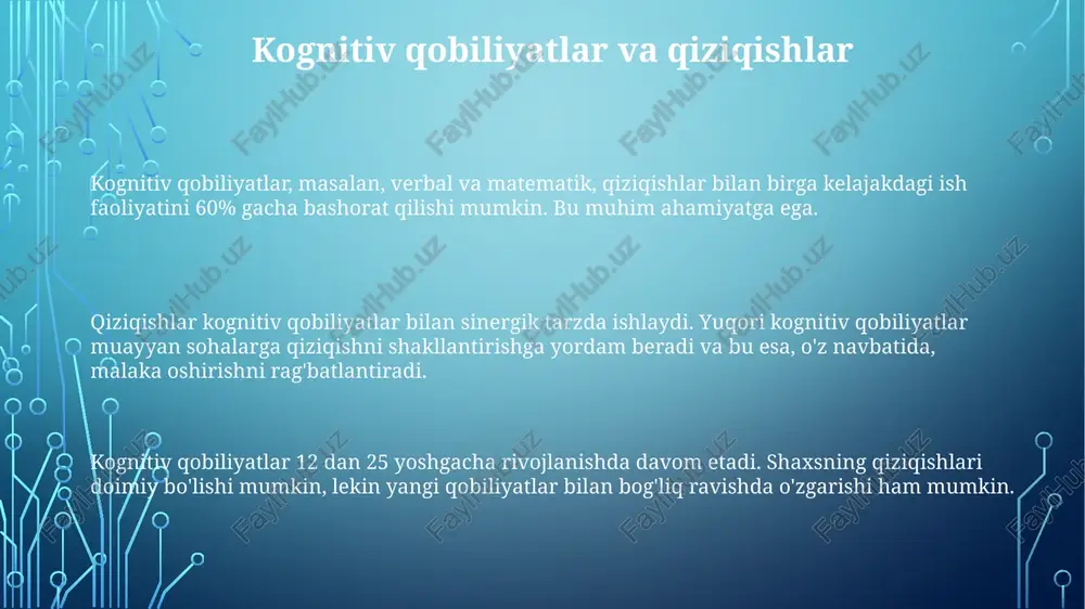 standartlashtirilgan testlar, masalan, qobiliyat testlari, nomzodlarning 9 asosiy kognitiv qobiliyatini o'lchaydi, bu esa turli lavozimlarga moslik darajasini baholashga imkon beradi. e'tiboringiz uchun rahmat image1.png image2.png