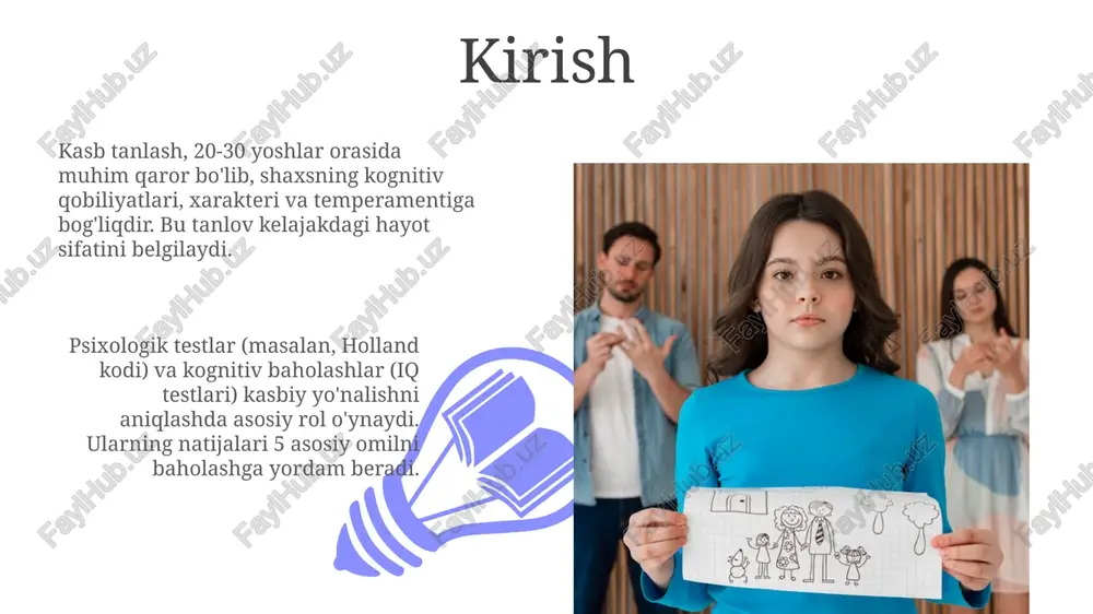 ar tomonidan amalga oshiriladi. tadqiqot natijalari va tahlili tadqiqotlar shuni ko'rsatdiki, yuqori kognitiv qobiliyatli shaxslar (iq>120) stem sohalarida 35% ko'proq muvaffaqiyatga erishadilar, bu esa analitik fikrlashning ahamiyatini ta'kidlaydi. tahlillar shuni ko'rsatadiki, introvert shaxslar kutubxonachilik yoki dasturlash kabi kamroq ijtimoiy o'zaro aloqani talab qiladigan kasblarda 20% yuqori qoniqish darajasiga ega. kasbiy rivojlanish bosqichlari kasbiy rivojlanish 1-bosqichida, o'smirlikda, odamlar kasblar haqida tasavvurga ega bo'ladi, o'z qiziqishlarini anglaydi va kasbiy rejalashtirishning dastlabki usullarini sinab ko'radi. kasbiy rivojlanishning 3-bosqichi - bu o'rta yosh, bu davrda mutaxassislar o'z bilimlarini oshiradilar, yangi ko'nikmalarni o'rganadilar va 40-50 yoshlarda karyerani qayta yo'naltirish imkoniyatlarini ko'rib chiqadilar. kasb tanlashda madaniy farqlarning namoyon bo'lishi 01 02 ba'zi madaniyatlarda oilaviy an'analar va ota-onalarning xohishlari kasb tanlashda katta rol o'ynaydi, hatto shaxsiy qiziqishlar 30-40% gacha hisobga olinmasligi mumkin. sales 1st qtr 2nd qtr 100 0 sales 1st qtr 2nd qtr 100 0 kasb tanlashda gender farqlari an'anaviy gender rollari kasb tanlashda ta'sir ko'rsatadi, …