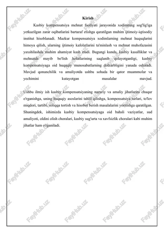 adi), nogironlik nafaqasi (xodim mehnat qobiliyatini to'liq yoki qisman yo'qotganda to'lanadi), marhumning oila a'zolariga nafaqa (xodim mehnatda halok bo'lganda to'lanadi), ma'naviy zararni qoplash. ma'naviy zarar deganda xodimning jismoniy yoki ruhiy azoblanishi tushuniladi. kompensatsiya miqdori har bir holat uchun alohida belgilanadi va xodimning sog'lig'iga yetkazilgan zararning og'irligi, mehnat qobiliyatining yo'qolishi darajasi va boshqa omillarga bog'liq bo'ladi. sud qarori asosida kompensatsiya miqdori aniqlanishi mumkin. ⚖️ kasbiy kompensatsiyalarni taqqoslash kasbiy kompensatsiyaning turli shakllarini solishtirish item to'lov miqdori qamrov doirasi to'lash muddati huquqiy asos ish haqi qo'shimchalari o'rtacha cheklangan davriy mehnat kodeksi moddiy yordam past keng bir martalik ichki hujjatlar imtiyozli ta'minot yuqori muayyan toifa uzoq muddatli qonunchilik aktlari kasbiy kompensatsiyaning mohiyati va asoslari kompensatsiya turlarining tasnifi va asosiy xususiyatlari kompensatsiya to'lovlari bir necha turga bo'linishi mumkin, ularning har biri ma'lum bir vaziyat yoki xodimning holatiga bog'liq. asosiy turlariga quyidagilar kiradi: mehnat ta'tilining kompensatsiyasi (ishlatilmagan ta'til kunlari uchun), xizmat safari xarajatlarining kompensatsiyasi (transport, turar …