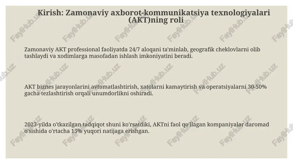 ar uchun 100% qulaylik yaratadi hamda bilim olishni tezlashtiradi. onlayn kurslar va vebinarlar interaktivligi 75%gacha o'zlashtirishni oshiradi, bu esa malaka oshirish jarayonida nazariyani amaliyot bilan bog'lashga yordam beradi. raqamli kutubxonalar va ma'lumotlar bazalari professional adabiyotlarga tezkor kirishni ta'minlaydi, bu esa tadqiqotlar va 80% gacha innovatsion yechimlarni topishni osonlashtiradi. professional faoliyatda akt bilan bog'liq muammolar va cheklovlar kiberxavfsizlik tahdidlari, jumladan ma'lumotlarning buzilishi va ransomware hujumlari, akt tizimlarining zaifligi tufayli professional faoliyatga jiddiy zarar yetkazishi mumkin. yuqori texnologiyali uskunalar narxi, ayniqsa 24/7 rejimda uzluksiz ishlashni talab qiladigan sohalarda aktni joriy etish va qo'llab-quvvatlash xarajatlarini oshiradi. digital savodsizlik va etarli malakaga ega bo'lmagan xodimlar soni, akt vositalaridan samarali foydalanishga to'sqinlik qiladi va unumdorlikni pasaytiradi. aktning kelajak istiqbollari va tendensiyalari sun'iy intellekt (ai) va mashinali o'rganish (ml) professional sohalarda avtomatlashtirishni kuchaytiradi, 2025-yilga borib vazifalarning 30% ini avtomatlashtirib, inson resurslarini optimallashtiradi. 5g texnologiyasi va keng polosali internetning rivojlanishi professional aloqalarni tezlashtiradi, real vaqt rejimida hamkorlikni …