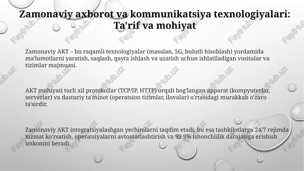1998-yilgi dmca kabi mualliflik huquqini buzmaslik va intellektual mulkni hurmat qilishni anglatadi, bu juda muhimdir. professional faoliyatda javobgarlik shaxsiy ma'lumotlarni himoya qilishni talab qiladi, gdpr kabi qonunlarga rioya qilish va 256 bitli shifrlashdan foydalanish zarur. etik dilemmalar sharoitida halollik axborotni noto'g'ri talqin qilmaslik va natijalarni o'zgartirmaslikni, shuningdek, barcha manbalarni to'g'ri ko'rsatishni anglatadi. qonunchilik va tartibga solish: huquqiy asoslar 2003-yil 11-dekabrdagi "axborotlashtirish to'g'risida"gi 560-ii-son qonun axborot resurslaridan foydalanishni, davlat organlarining axborot siyosatini va axborot xavfsizligini belgilaydi. "elektron tijorat to'g'risida"gi 2004-yil 29-apreldagi 613-ii-son qonun elektron hujjat aylanishini tartibga soladi va elektron imzoni tan oladi, tijorat operatsiyalari uchun huquqiy asos yaratadi. o'zbekiston respublikasining jinoyat kodeksining 278-moddasi kompyuter axborotiga noqonuniy kirish, zarar yetkazish yoki uni o'zgartirish kabi kiberjinoyatlar uchun jinoiy javobgarlikni belgilaydi. kelajak tendensiyalari: innovatsiyalar va rivojlanish kelajakda sun'iy intellekt (si) va mashinalarni o'rganish (ml) professional faoliyatning ko'p jabhalarida avtomatlashtirishning 70% gacha o'sishini ta'minlaydi. 5g va undan keyingi aloqa texnologiyalari professional aloqada kechikishni 90% …