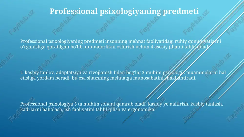 ka psixo-ta'lim dasturlarini o'z ichiga oladi, bu erda shaxslarga ruhiy salomatlikni mustahkamlash uchun stressni boshqarish, muloqot ko'nikmalari kabi vositalar o'rgatiladi. profilaktika maqsadli guruhlarga qaratilgan bo'lishi mumkin, masalan, erta rivojlanish uchun bolalar, o'spirinlar giyohvandlikka qarshi dasturlar, keksa odamlar uchun esa yolg'izlikni kamaytirish bo'yicha tadbirlar. professional psixologning etik kodeksi maxfiylik professional etik kodeksning muhim qismidir. psixolog mijozning shaxsiy ma’lumotlarini ruxsatisiz oshkor qilmasligi kerak, bunda 201-sonli qonun buzilishi mumkin. etik kodeks professional psixologning 1992-yildagi amerika psixologiya assotsiatsiyasi (apa) tamoyillariga muvofiq mijozlar bilan munosabatlarida xolislik va adolatlilikni ta’minlaydi. professional psixologlar ikki tomonlama munosabatlardan qochishlari kerak, bu esa mijozga zarar yetkazishi va kasbiy xolislikka putur yetkazishi mumkin, 305-moddaga muvofiq. zamonaviy tendentsiyalar professional psixologiyada raqamli texnologiyalarning integratsiyalashuvi sezilarli o'sib bormoqda, masalan, onlayn terapiya platformalari va 24/7 qo'llab-quvvatlash xizmatlari mavjudligi ortmoqda. neyropsixologiya va genetik tadqiqotlarning rivojlanishi psixologik buzilishlarning biologik asoslarini tushunishga yordam beradi va shuning uchun davolashning yangi usullarini ishlab chiqadi. ko'p madaniyatli kompetensiya va inklyuziv amaliyotlarga …