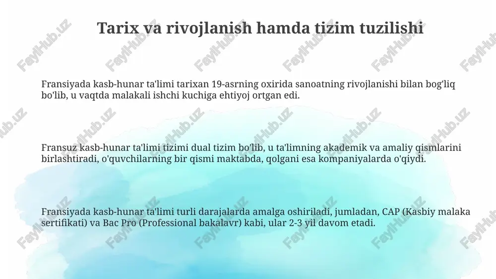 artlariga moslashish maqsad qilingan. fransiya kasbiy taʼlimi kanadadagi amaliy yondashuvga intilib, 2025-yilgacha oʻquv dasturlarini real ish muhitiga moslashtirishni maqsad qilgan. kelajakda raqamli texnologiyalar integratsiyasi 30% ga oshishi kutilmoqda. e'tiboringiz uchun rahmat image2.png image1.png