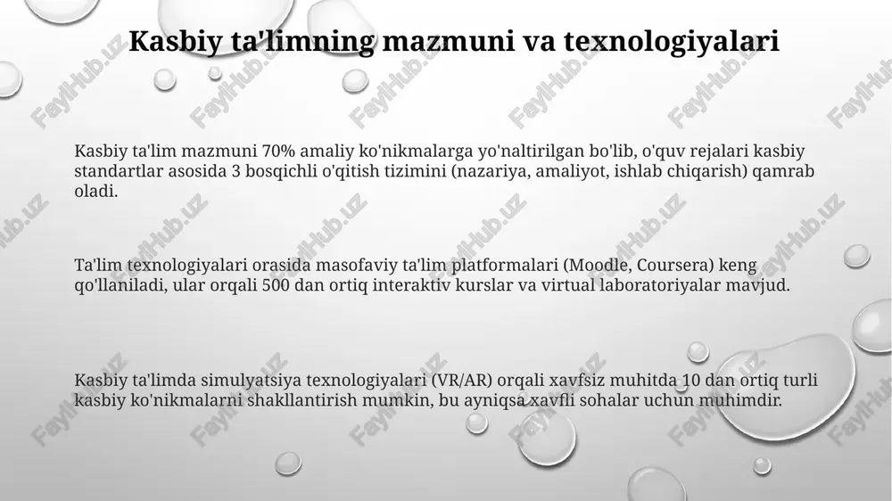 hirish uchun 360 graduslik baholash usulidan foydalanish maqsadga muvofiqdir, bunda o'quvchilar, o'qituvchilar va ish beruvchilarning fikrlari inobatga olinadi. 2024-2030 yillarda kasbiy ta'limni moliyalashtirishning asosiy yo'nalishi ilg'or texnologiyalarni joriy etish hamda ta'lim resurslarini modernizatsiya qilishga qaratilgan bo'lishi kerak. e'tiboringiz uchun rahmat image1.png image2.png