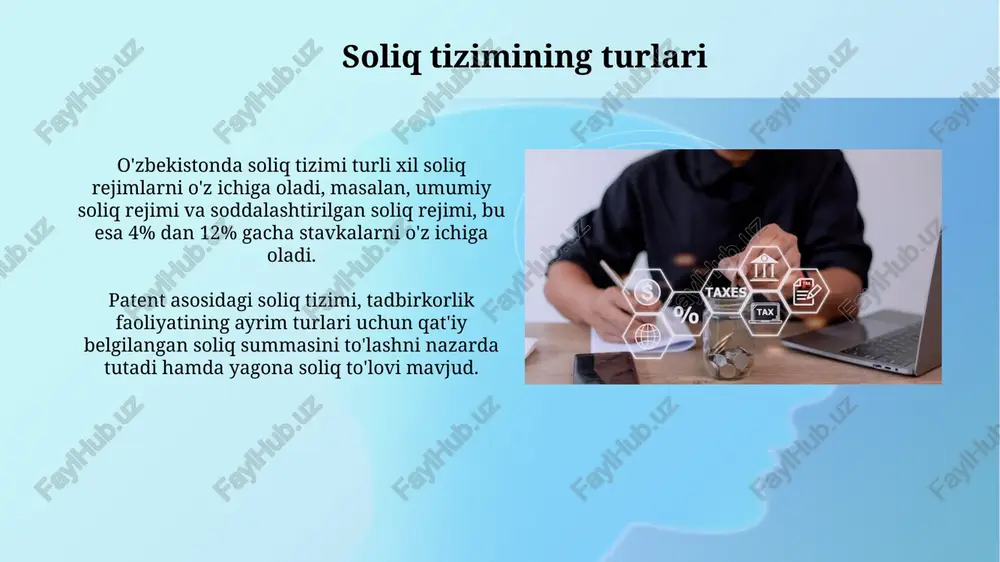sitalarga investitsiya qilishda qoʻllab-quvvatlaydi, bu esa ishlab chiqarishni modernizatsiya qilish va yangi texnologiyalarni joriy etishga turtki beradi. soliq hisobotlarini topshirish tartibi soliq hisobotlari elektron shaklda, soliq organining veb-sayti orqali taqdim etilishi mumkin, bu jarayonni soddalashtiradi va xatolik ehtimolini kamaytiradi, shuningdek, vaqtni tejaydi. hisobotlar har chorakda yoki har yili topshirilishi mumkin, bu biznesning soliq rejimiga bog'liq. hisobotlarni topshirish muddati qonunchilik bilan belgilanadi va kechiktirilganda jarimalar qo'llanilishi mumkin. soliq nazorati va maslahati soliq nazorati uch yillik davrni qamrab oladi, bunda soliq organlari soliq hisobotlarining to'g'riligini tekshiradi va kamchiliklar aniqlanganda qo'shimcha soliqlar hisoblanishi mumkin. soliq maslahati soliq qonunchiligini tushunishda yordam beradi, soliq yukini kamaytirish strategiyalarini ishlab chiqishga ko'maklashadi va soliq tekshiruvlariga tayyorgarlik ko'rishga yordam beradi. elektron soliq xizmatlari va yangiliklar elektron soliq xizmatlari soliq toʻlovchilarga hisobotlarni topshirish, 23 ta soliq toʻlovini onlayn amalga oshirish va soliq organlari bilan elektron tarzda aloqa qilish imkoniyatini beradi. yangi soliq qonunchiligiga koʻra, 2024-yildan boshlab ayrim kichik biznes …